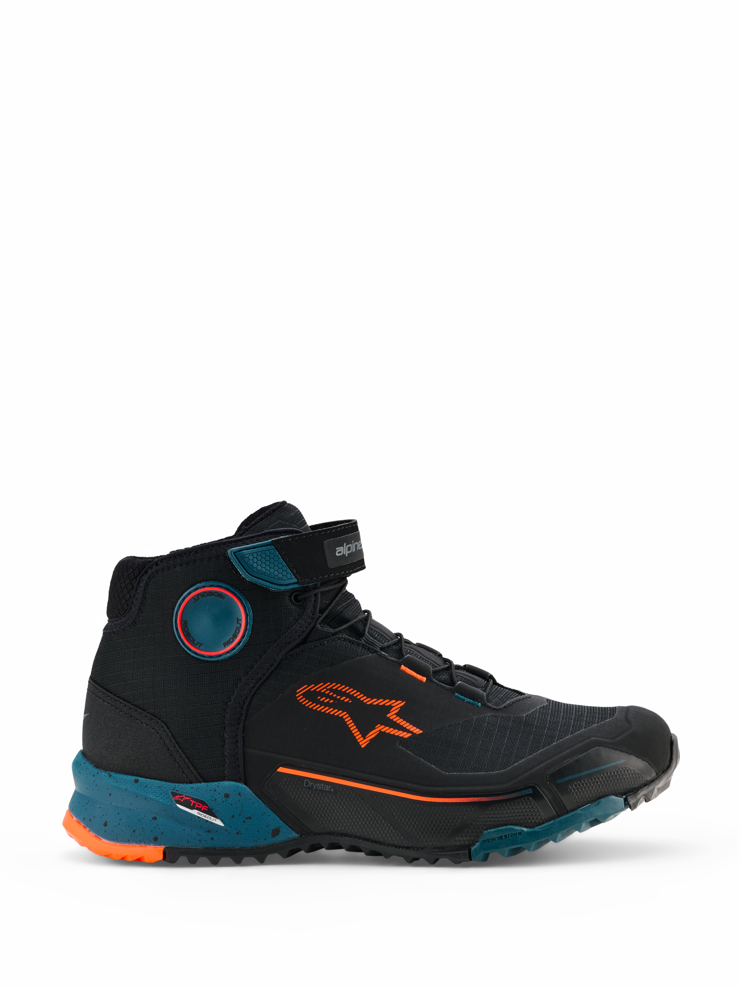 Alpinestars CR-X Drystar motorschoenen, urban motorschoenen, Black Petrol en Orange Fluo, hoog sneaker-model met een oranje Alpinestars-logo, blauwgroene gespikkelde tussenzool en robuuste waterdichte constructie.