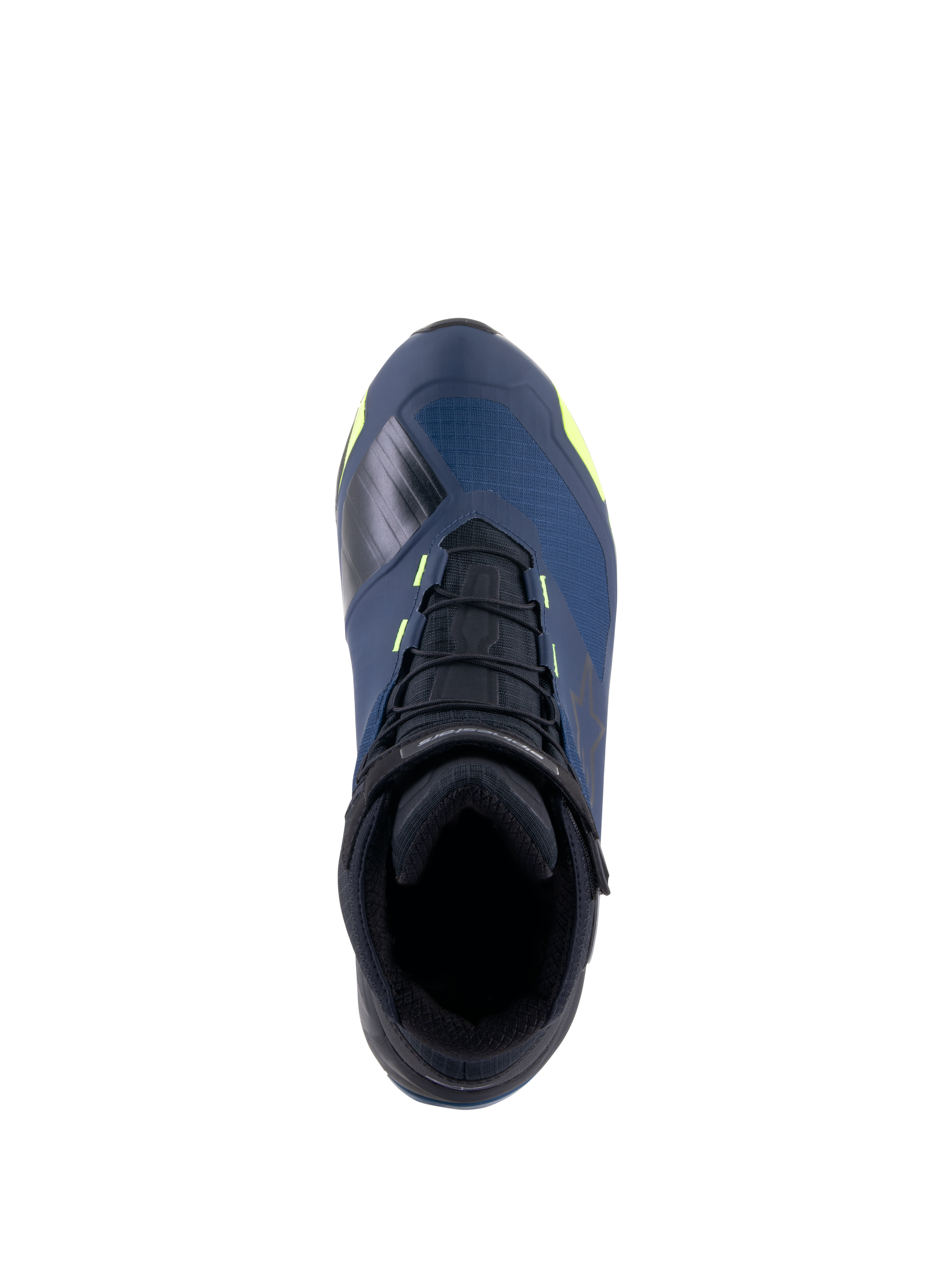 Alpinestars CR-X Drystar® Riding Shoes, top view, Black Dark Blue and Yellow Fluo, waterproof motorcycle shoes with a running shoe silhouette, featuring black laces and vibrant yellow accents on a dark blue upper