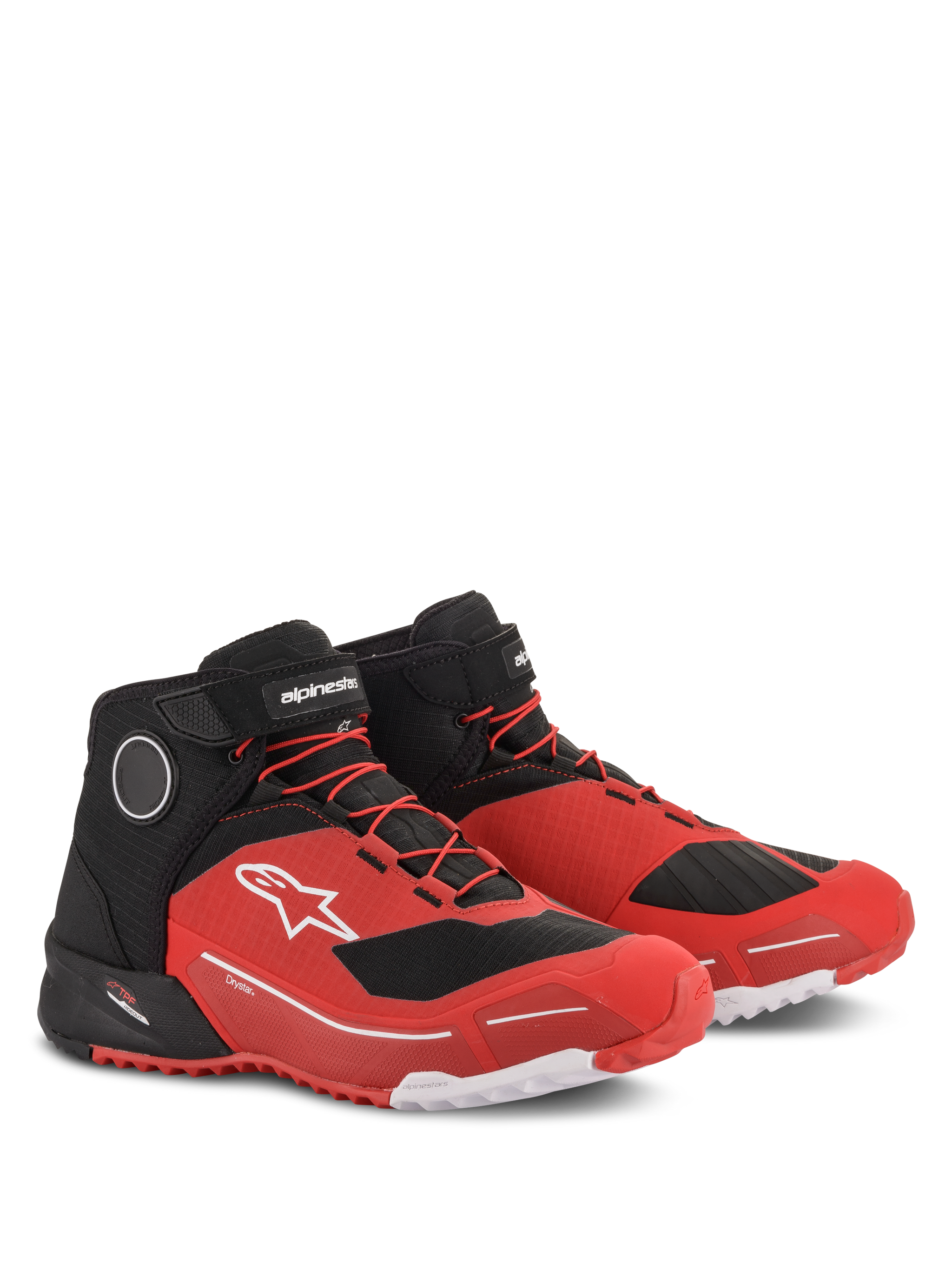 Alpinestars CR-X Drystar® motorschoenen, rood en zwart, met een wit Astars-logo op de zijkant, rode veters en een zwarte klittenbandsluiting bij de enkel, sportief ontwerp geïnspireerd op hardloopschoenen voor stedelijk rijden en touring