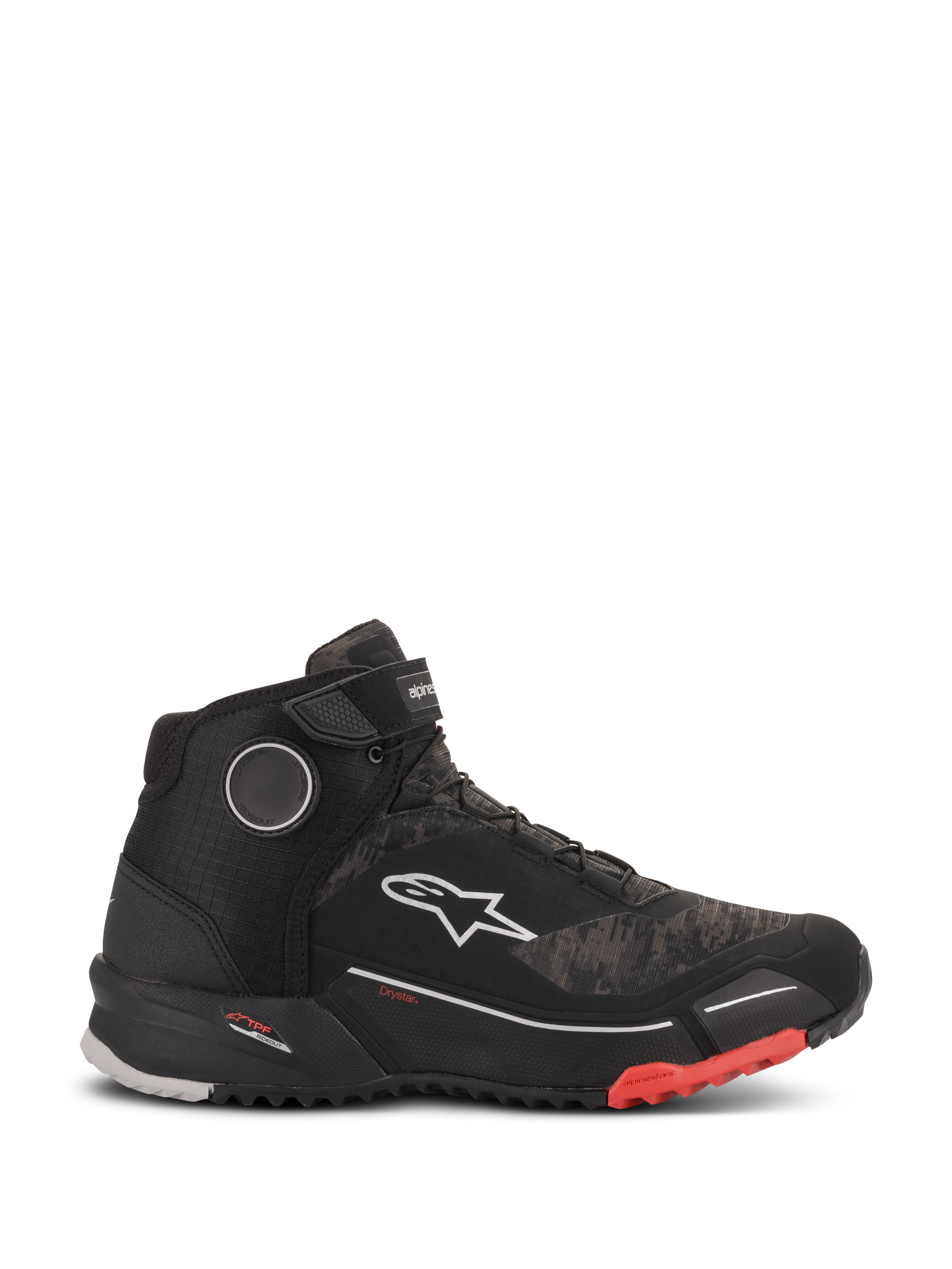 Alpinestars CR-X Drystar Riding Shoes, waterproof motorcycle footwear in Black Camo Red, side profile view featuring a textured camo-patterned upper, white Alpinestars logo, ankle strap, and a black ridged sole with red accents at the toe.