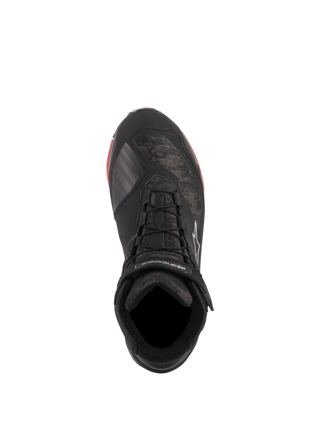 Alpinestars CR-X Drystar® Riding Shoes, Black Camo Red, top-down view featuring camo pattern and black laces, ankle strap with white Alpinestars branding, waterproof motorcycle footwear with red sole accents