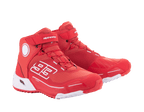Alpinestars MM93 CR-X Drystar® rijschoenen, felrood en wit, zijaanzicht, met '93' graphic op de zijkant, Alpinestars-logo op de band, witte technische zool en een op hardloopschoenen geïnspireerd silhouet voor motorrijden