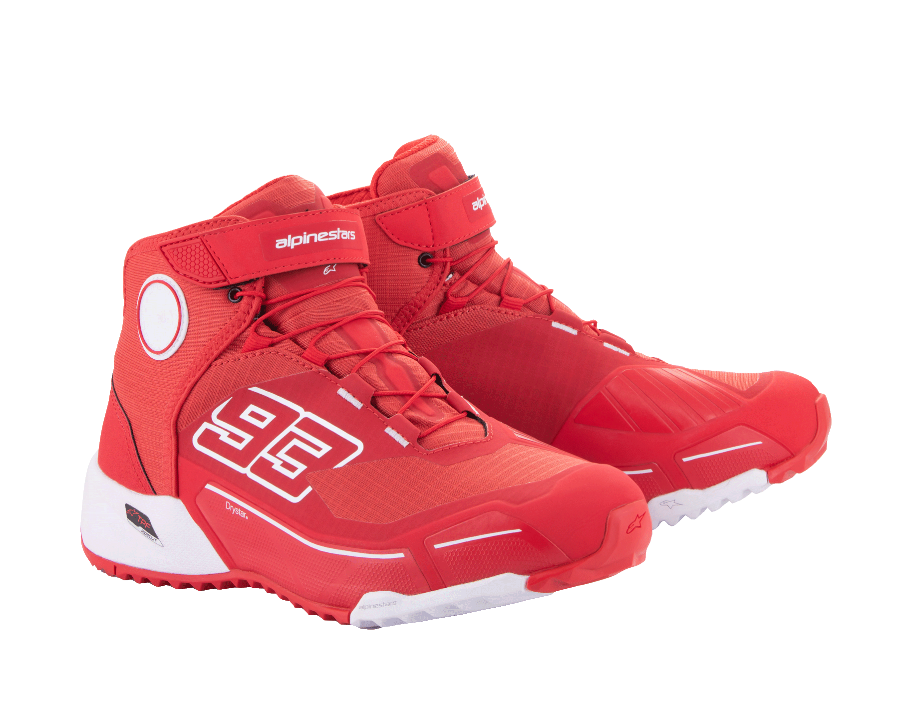 Alpinestars MM93 CR-X Drystar® rijschoenen, felrood en wit, zijaanzicht, met '93' graphic op de zijkant, Alpinestars-logo op de band, witte technische zool en een op hardloopschoenen geïnspireerd silhouet voor motorrijden