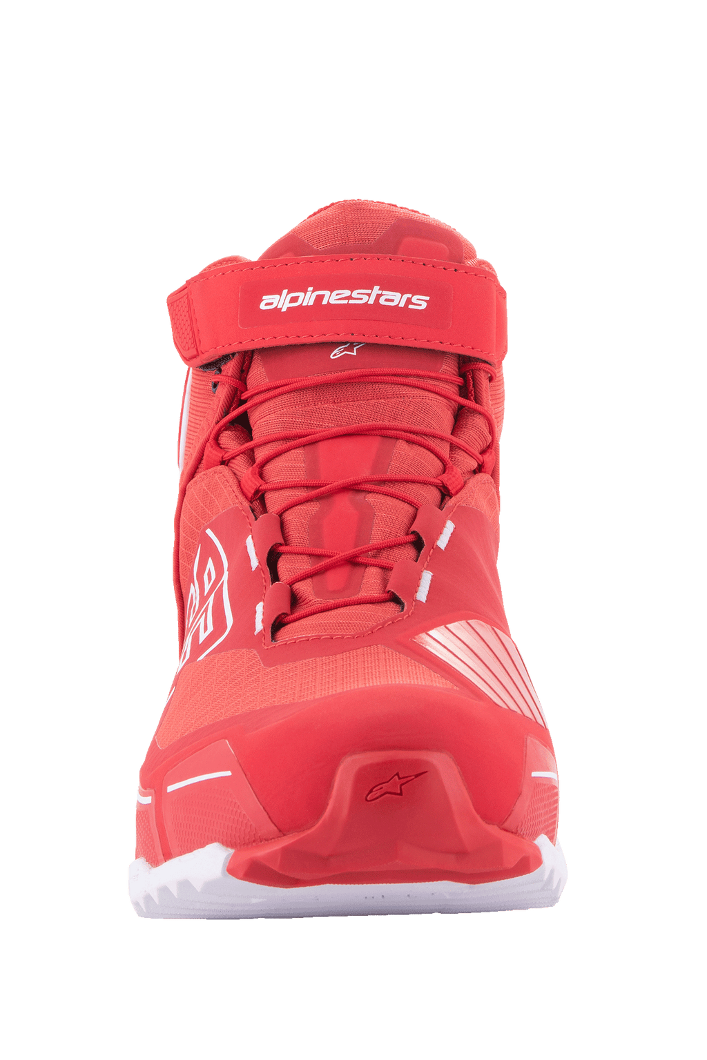 Alpinestars MM93 CR-X Drystar® rijschoenen, motorrijschoenen, helderrood en wit, vooraanzicht met rode veters, klittenband enkelband met wit Alpinestars-logo en een sportief op hardloopschoenen geïnspireerd silhouet.