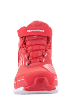 Alpinestars MM93 CR-X Drystar® rijschoenen, motorrijschoenen, helderrood en wit, vooraanzicht met rode veters, klittenband enkelband met wit Alpinestars-logo en een sportief op hardloopschoenen geïnspireerd silhouet.