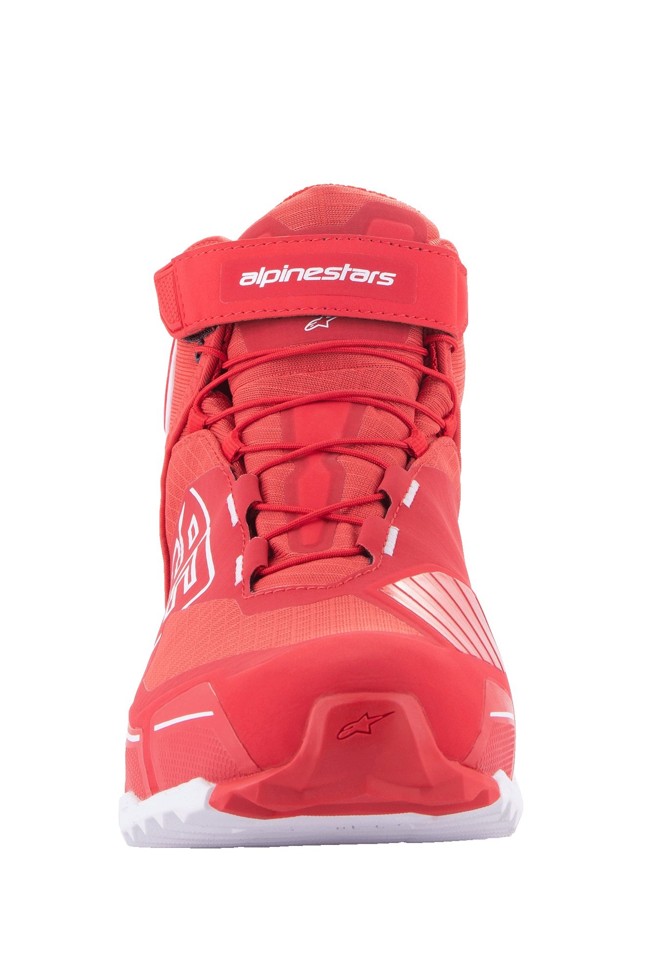 Alpinestars MM93 CR-X Drystar® rijschoenen, motorrijschoenen, helderrood en wit, vooraanzicht met rode veters, klittenband enkelband met wit Alpinestars-logo en een sportief op hardloopschoenen geïnspireerd silhouet.