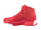 Alpinestars MM93 CR-X Drystar rijschoenen, motorrijschoenen, felrood en wit, zijaanzicht, gestroomlijnd sportief ontwerp met versterkt schakelvlak, witte hiel- en teenaccenten op een rode zool, motorschoenen voor stedelijk weggebruik