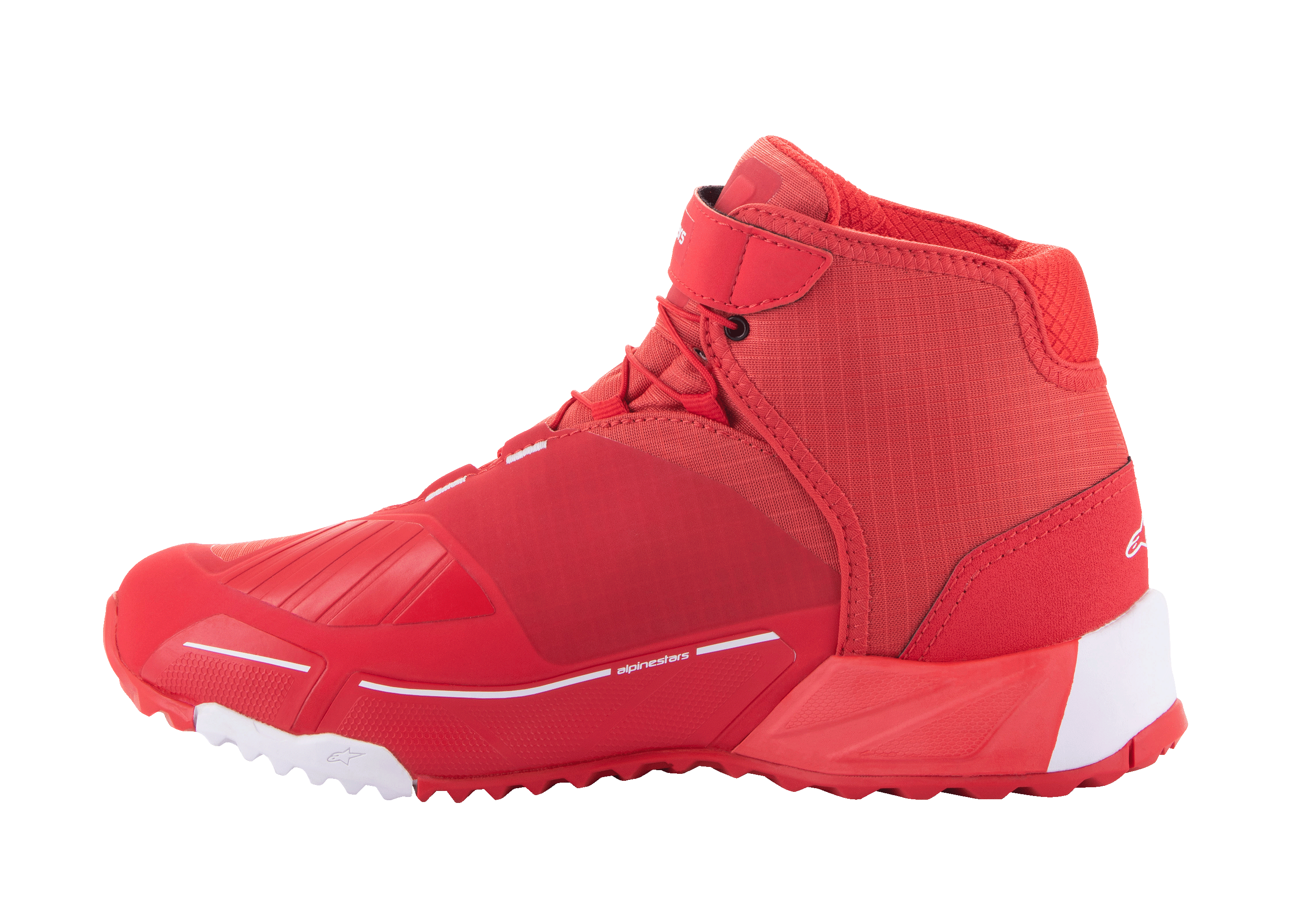 Alpinestars MM93 CR-X Drystar rijschoenen, motorrijschoenen, felrood en wit, zijaanzicht, gestroomlijnd sportief ontwerp met versterkt schakelvlak, witte hiel- en teenaccenten op een rode zool, motorschoenen voor stedelijk weggebruik