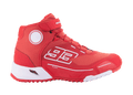 Alpinestars MM93 CR-X Drystar rijschoenen, urban motorschoenen, helder rood en wit, hoog model met het nummer 93 van Marc Márquez, waterdichte Drystar-technologie, bovenwerk van getextureerde stof met witte EVA-tussenzool en rode rubberen zool, klittenband en vetersluiting