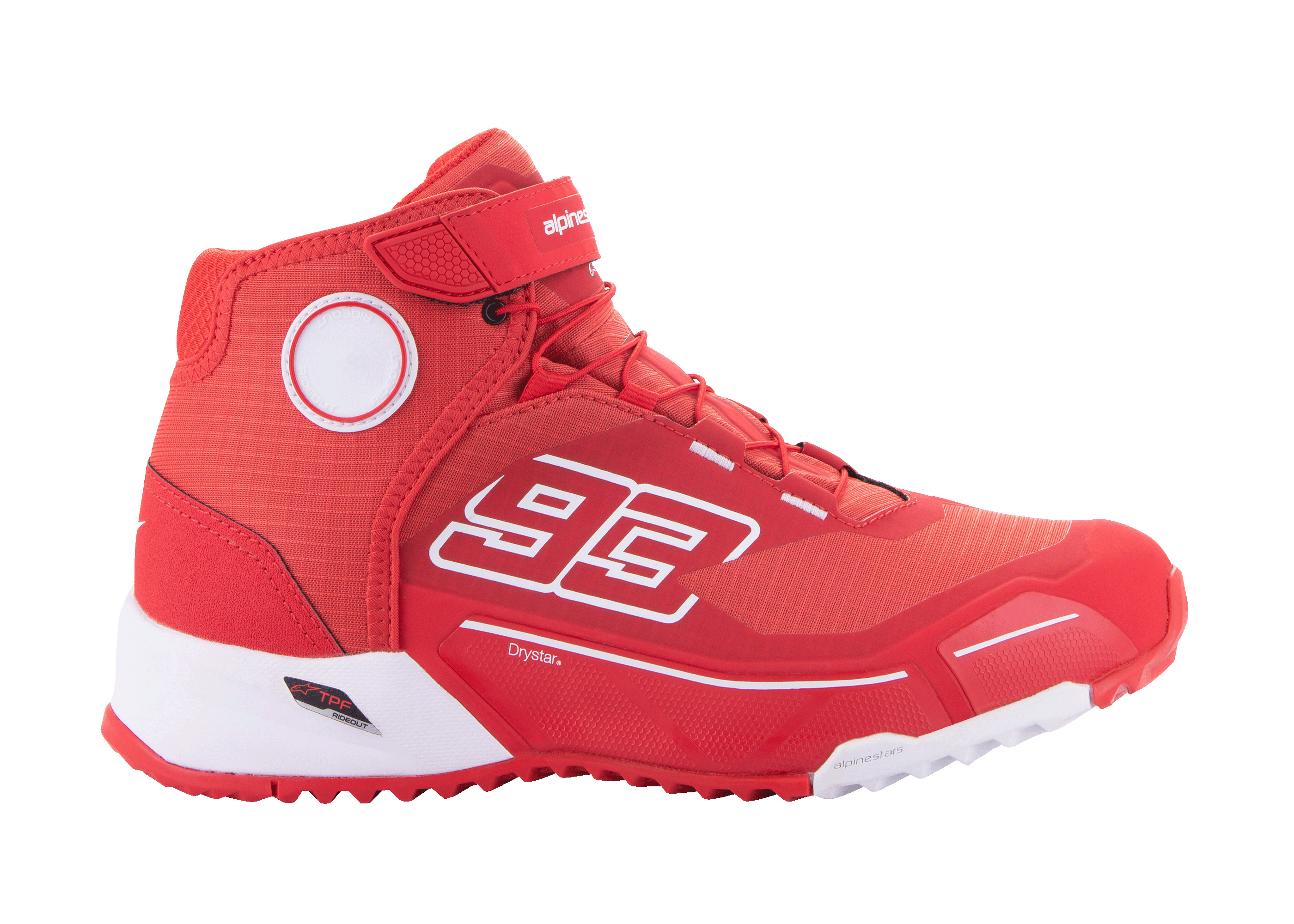 Alpinestars MM93 CR-X Drystar rijschoenen, urban motorschoenen, helder rood en wit, hoog model met het nummer 93 van Marc Márquez, waterdichte Drystar-technologie, bovenwerk van getextureerde stof met witte EVA-tussenzool en rode rubberen zool, klittenband en vetersluiting