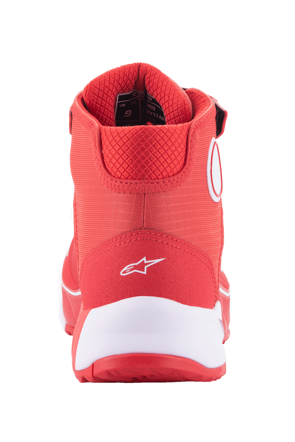 Alpinestars MM93 CR-X Drystar® rijschoenen, felrood en wit, achteraanzicht van de hiel met een wit Alpinestars-logo, dikke witte tussenzool en gevoerde rode mesh kraag