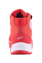 Alpinestars MM93 CR-X Drystar® rijschoenen, felrood en wit, achteraanzicht van de hiel met een wit Alpinestars-logo, dikke witte tussenzool en gevoerde rode mesh kraag