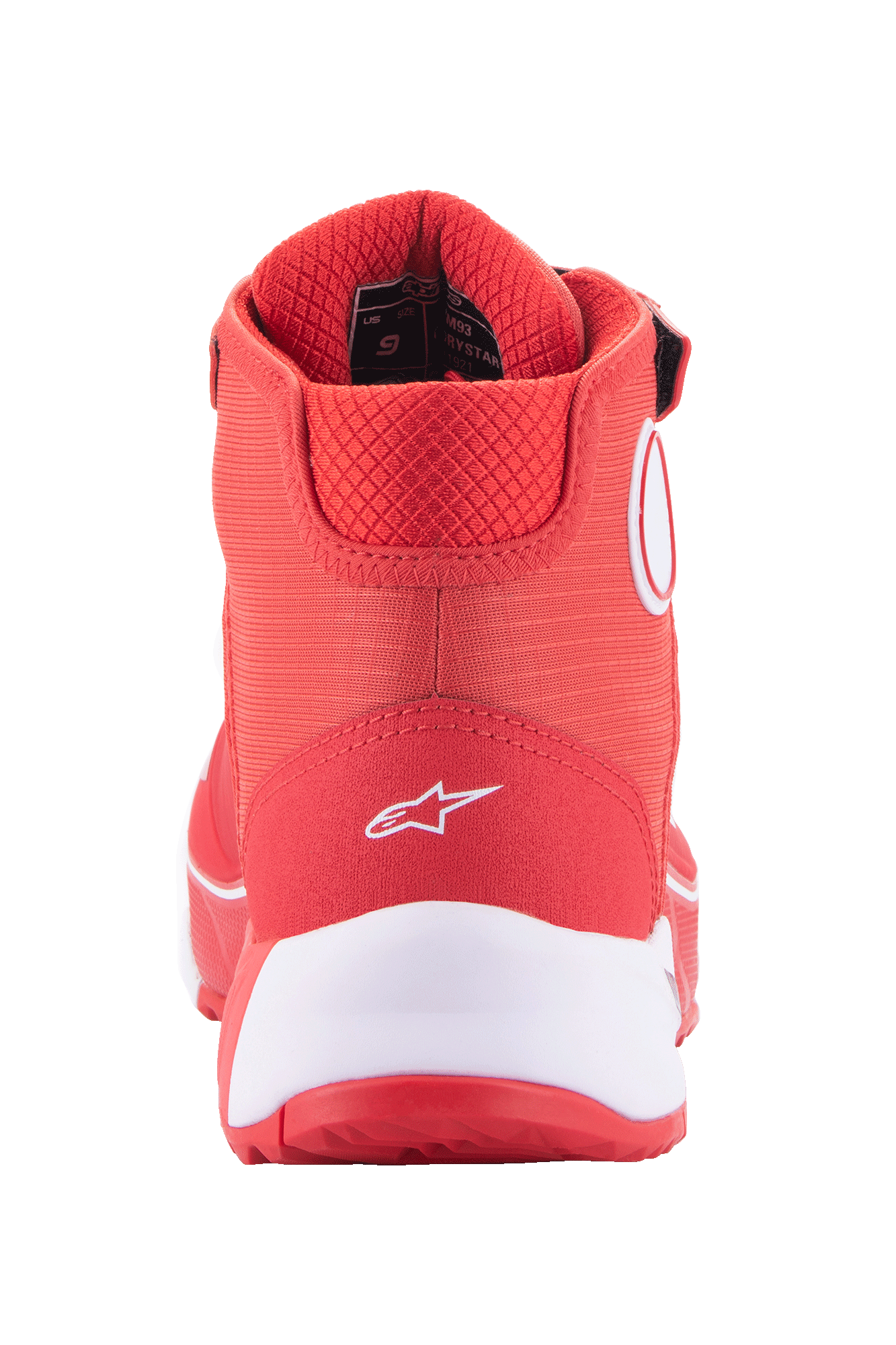 Alpinestars MM93 CR-X Drystar® rijschoenen, felrood en wit, achteraanzicht van de hiel met een wit Alpinestars-logo, dikke witte tussenzool en gevoerde rode mesh kraag
