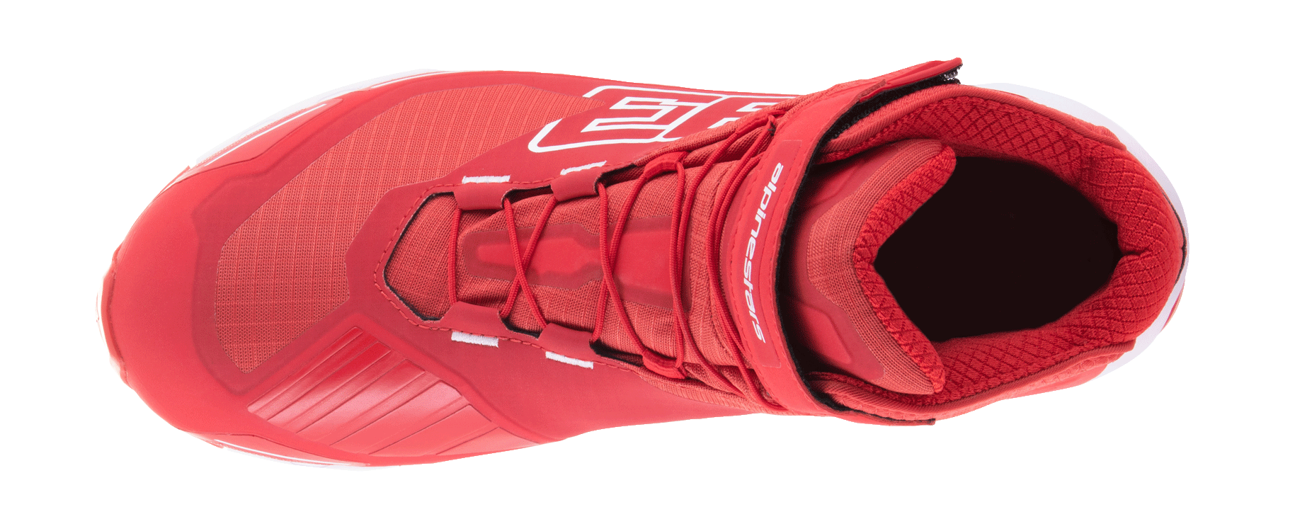 Alpinestars MM93 CR-X Drystar rijschoen, helderrood en wit, bovenaanzicht met vetersysteem en verstelbare enkelband, voorzien van groot 93-logo en Alpinestars-branding, waterdichte motorschoen met een op hardloopschoenen geïnspireerd ontwerp