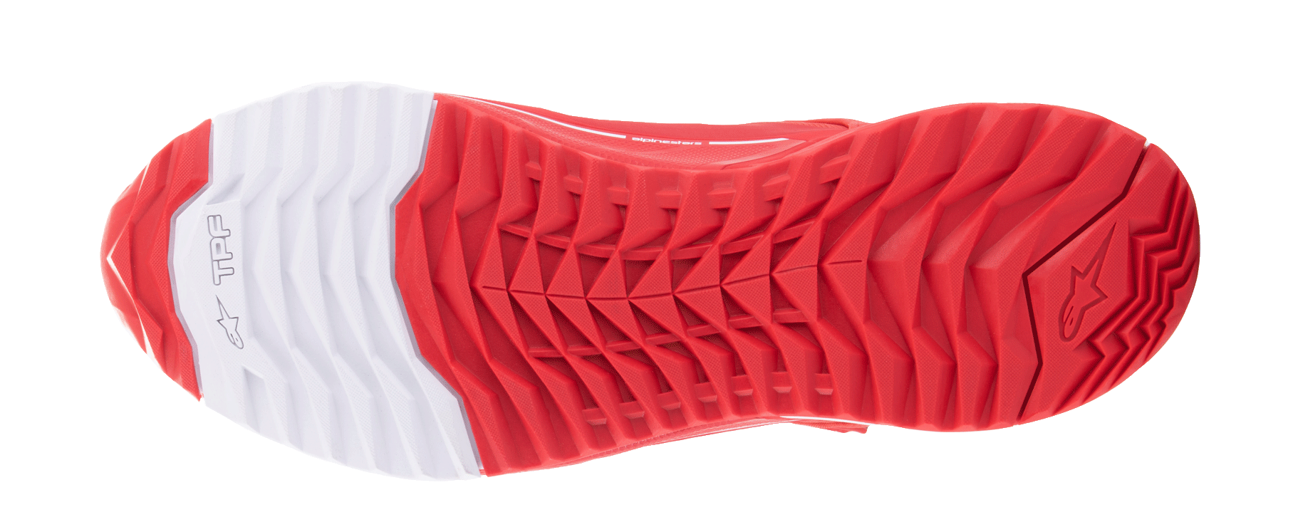 Alpinestars MM93 CR-X Drystar® rijschoenen, onderaanzicht van de zool, helderrood en wit, voorzien van een asymmetrische noppenconfiguratie voor grip, wit hielgedeelte met Alpinestars-sterlogo, oliebestendige dubbele rubbersamenstelling voor stabiliteit en loopcomfort