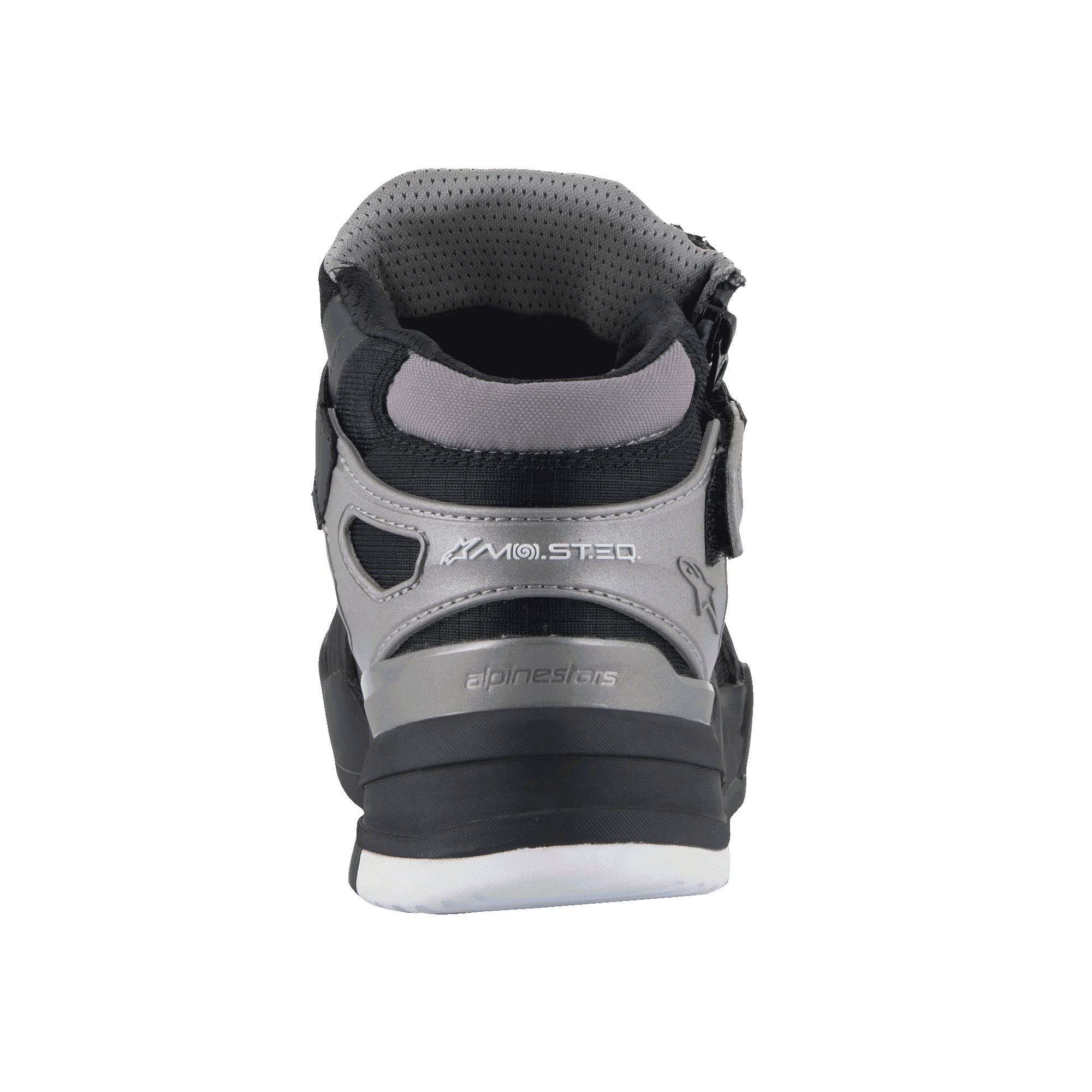 Alpinestars Speedflight Street Shoes, Black Gun Metal, achteraanzicht van urban motorrijschoen, voorzien van MO.ST.EQ-branding op de hiel, grijze en zwarte mesh en synthetische panelen, duurzame zool met textuur