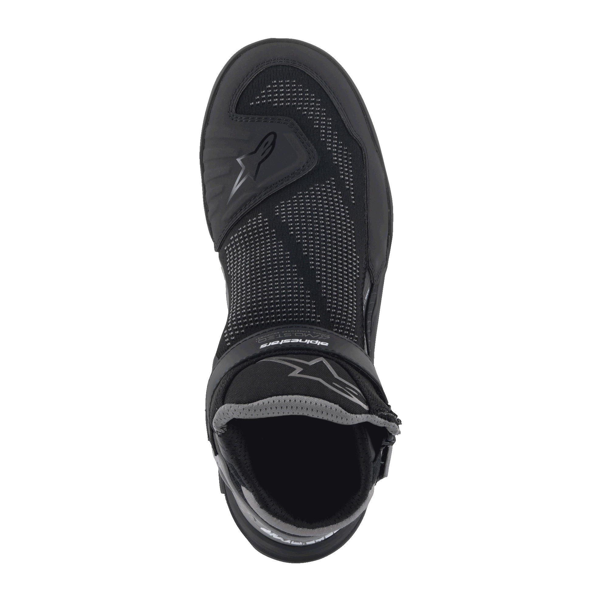 Alpinestars Speedflight Street Shoes, Black Gun Metal, bovenaanzicht van een enkele schoen met een mesh bovenwerk, TPU-verstevigingen en klittenband, urban motorschoenen