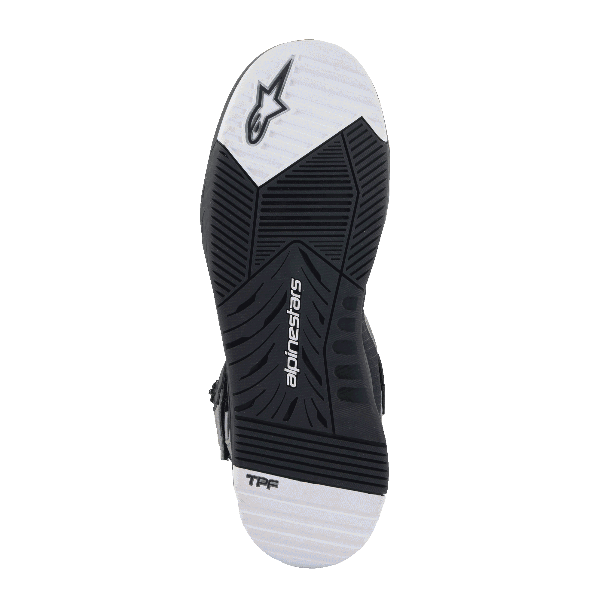 Alpinestars Speedflight Street Schoenen, zoolaanzicht, zwart-witte rubberen buitenzool met dubbele dichtheid en taps toelopend loopvlakpatroon, voorzien van Alpinestars-logo en TPF-branding, urban motorschoenen