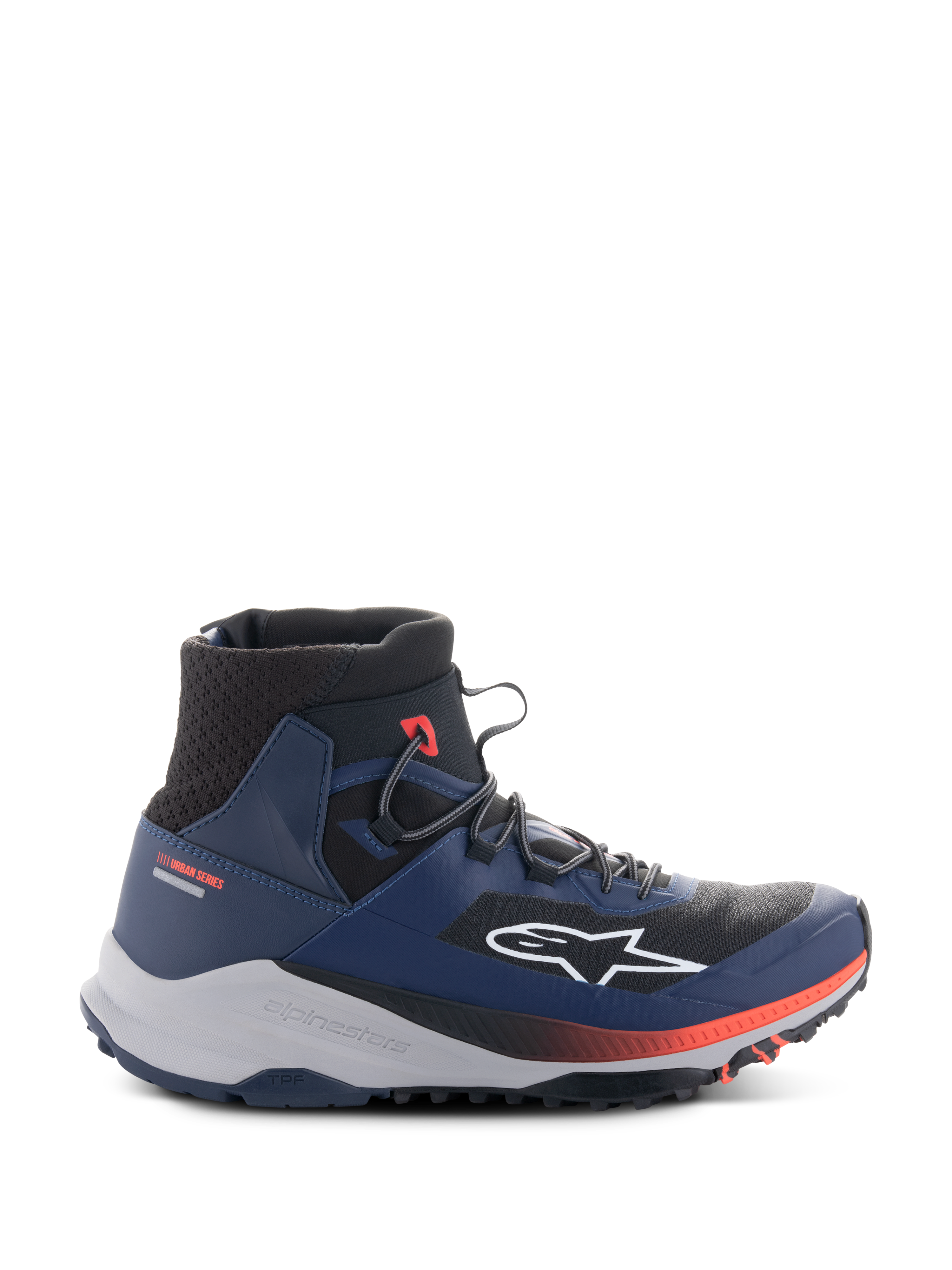 Alpinestars Speedforce XR schoenen, hoge urban motorsneakers, blauw en zwart met rode accenten, robuuste lichtgrijze zool, mesh-textuur op de enkel, zijaanzicht