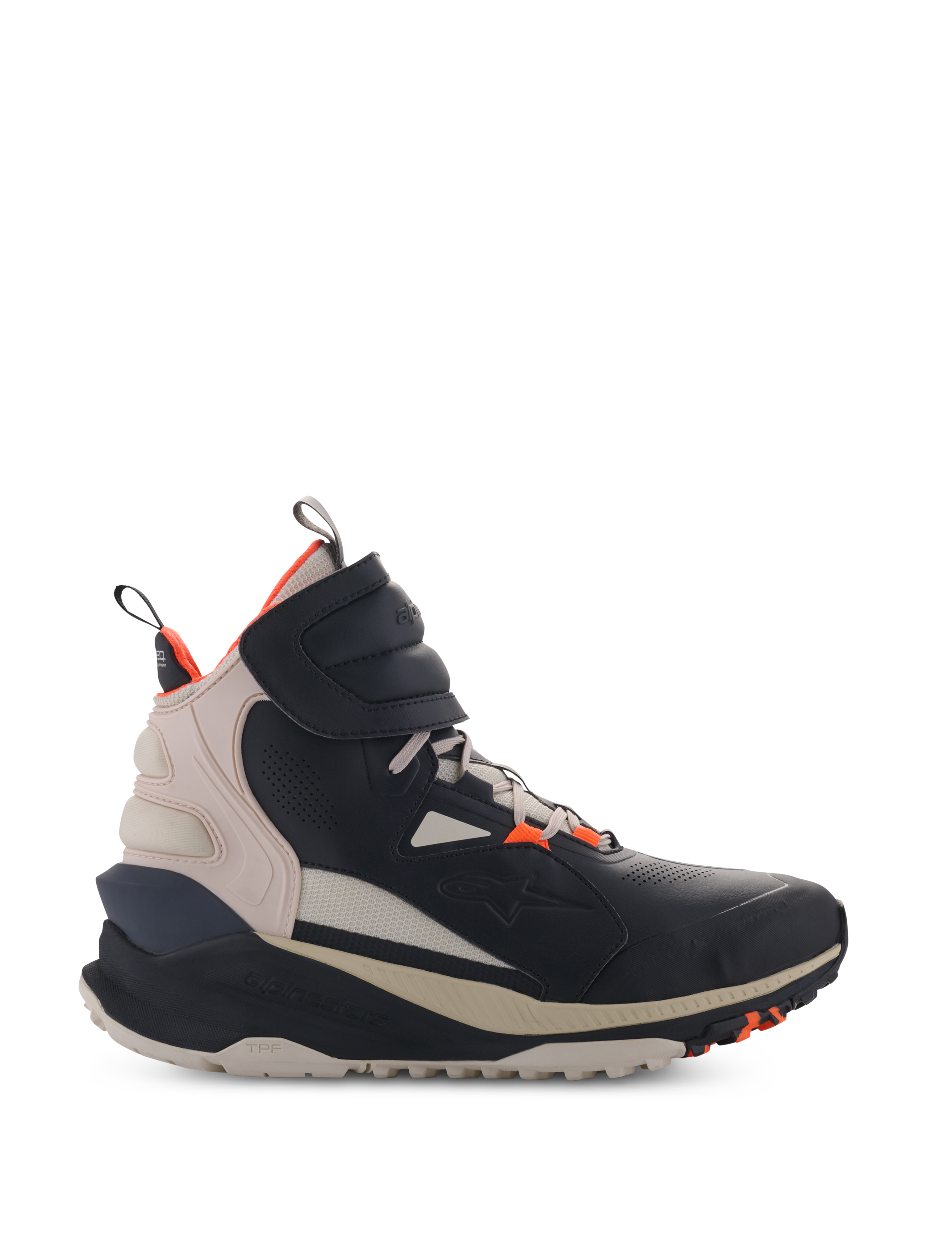 Alpinestars Speedstreet Shoes, High-Top Motorcycle Sneakers, Black and Almond with Hot Orange accents, street-styled microfiber upper with perforated details, thick ergonomic sole, modern urban riding design with hook-and-loop strap