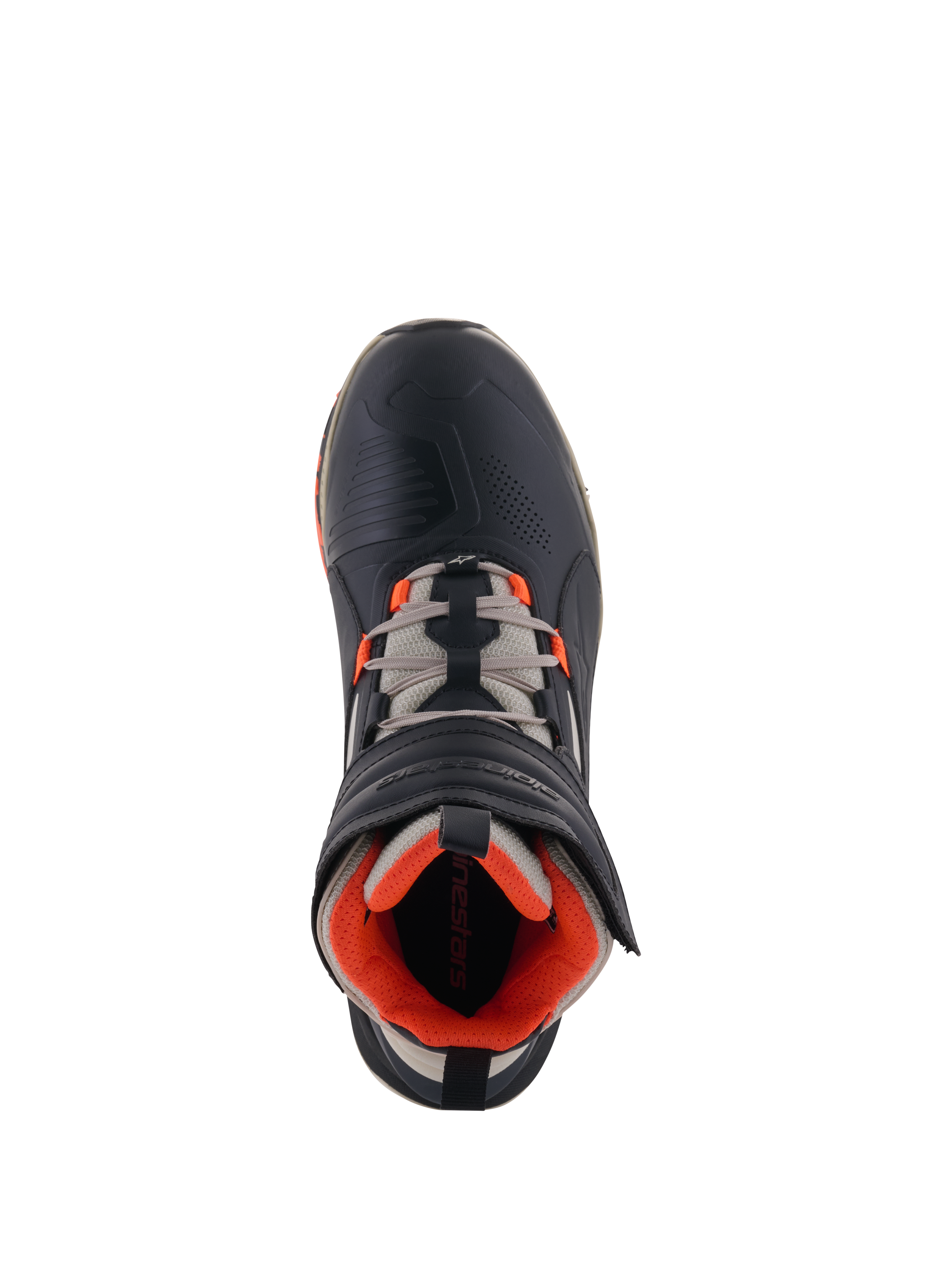 Alpinestars Speedstreet Shoes, Motorcycle Riding Shoes, Black Almond Hot Orange, top-down view showing black microfiber upper with orange accents, almond grey laces, and ergonomic hook-and-loop strap, urban motorsport-inspired design