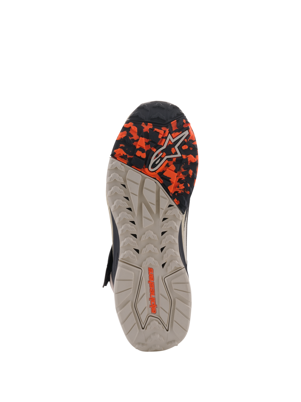 Alpinestars Speedstreet Shoes, Outsole View, Black Almond Hot Orange, featuring a multi-textured oil-resistant rubber sole with a camo-patterned forefoot and embossed Alpinestars branding, designed for grip and stability.