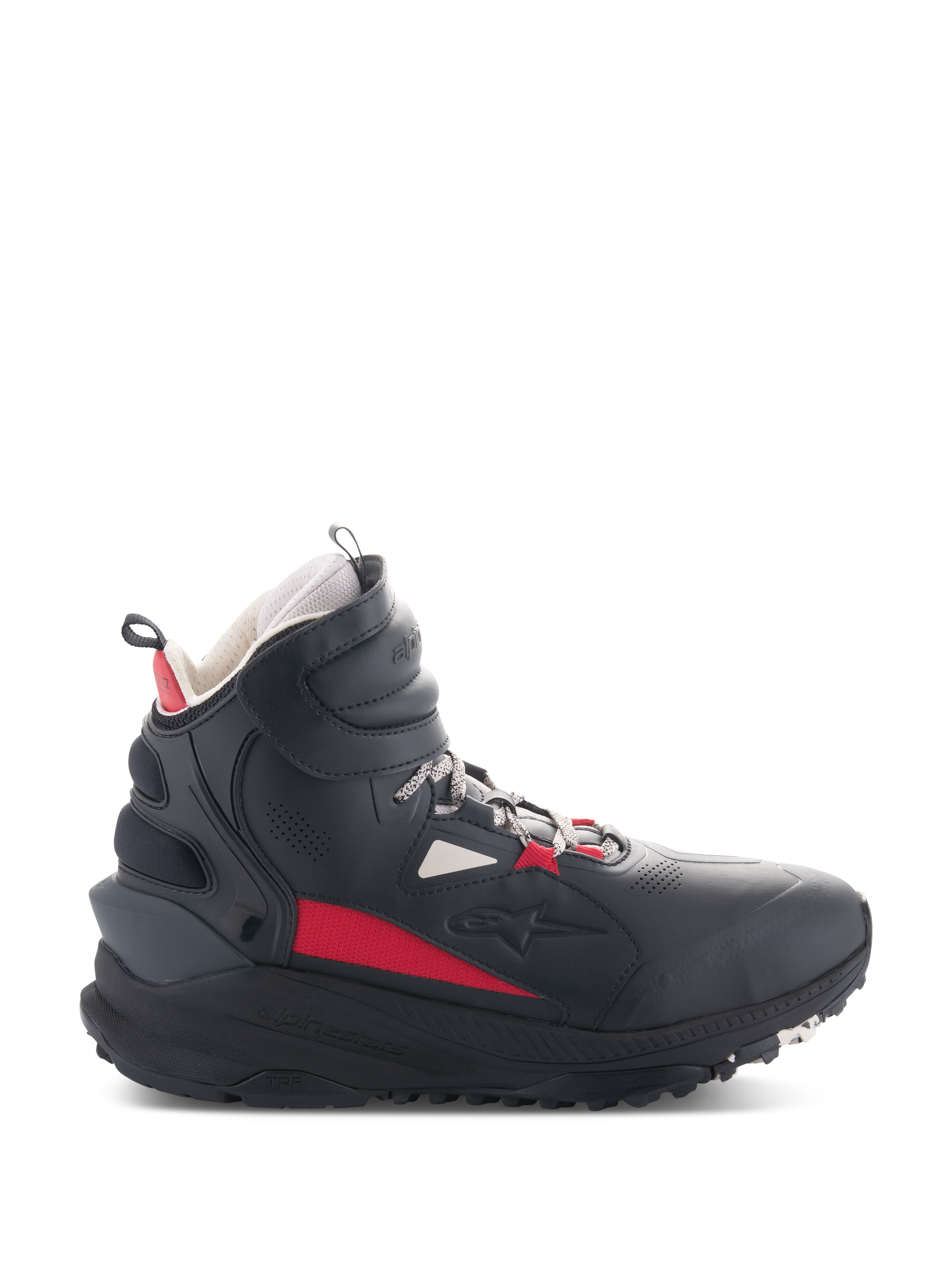 Alpinestars Speedstreet schoenen, motorschoenen, zwart, ecru en felrood, hoog model zijaanzicht, op streetwear geïnspireerd ontwerp, gewatteerde enkelkraag, dikke zool met TPF-markering, beschermende uitrusting voor stedelijk rijden