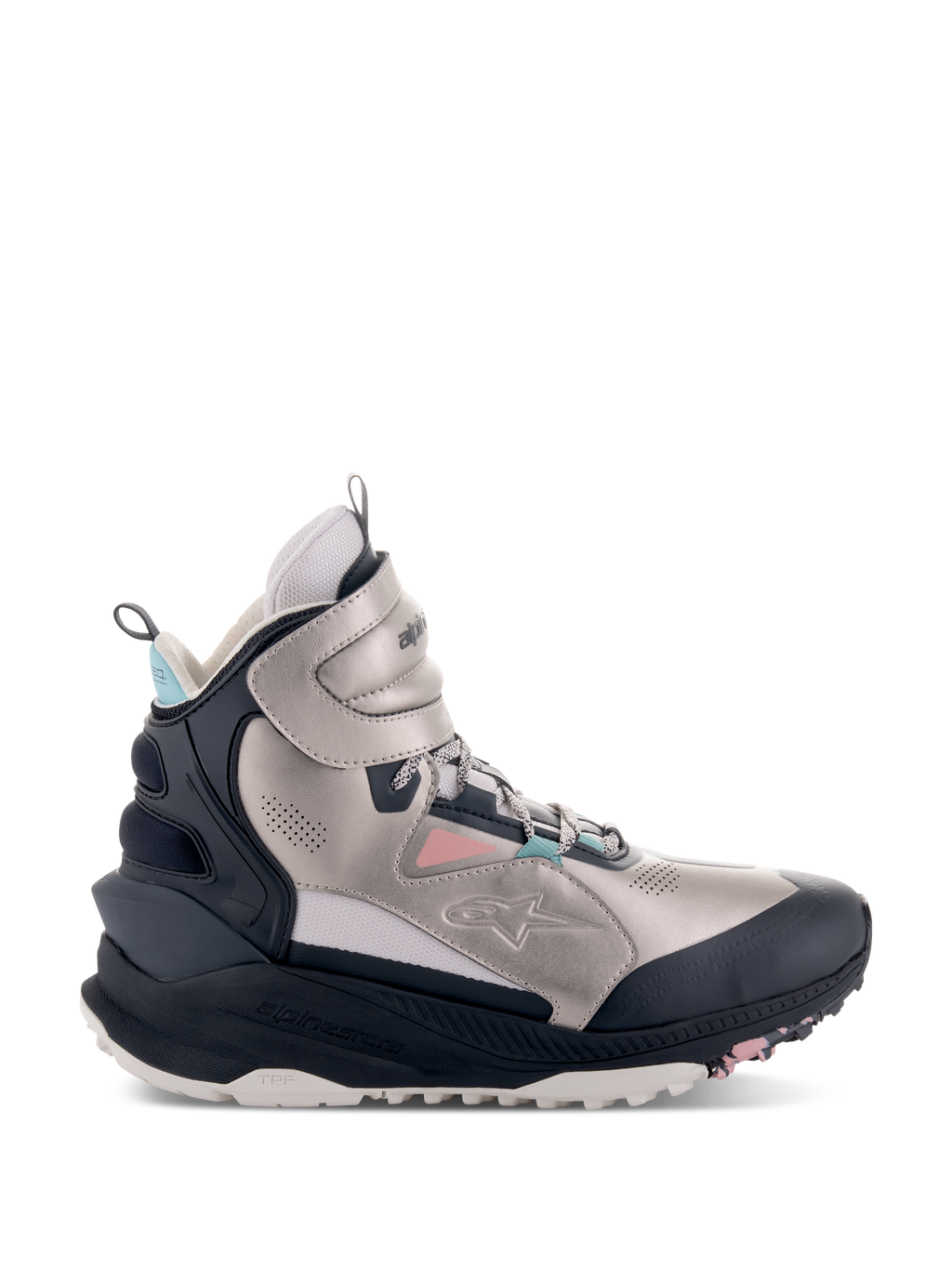 Alpinestars Speedstreet schoenen, hoge motorschoenen, ecru, koraalroze, zwart en aquablauw, metallic zilverkleurig microvezel bovenwerk met zwarte beschermende panelen, chunky zool met TPF-branding, urban streetwear-ontwerp