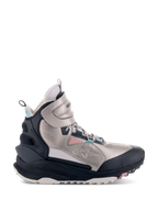 Alpinestars Speedstreet schoenen, hoge motorschoenen, ecru, koraalroze, zwart en aquablauw, metallic zilverkleurig microvezel bovenwerk met zwarte beschermende panelen, chunky zool met TPF-branding, urban streetwear-ontwerp