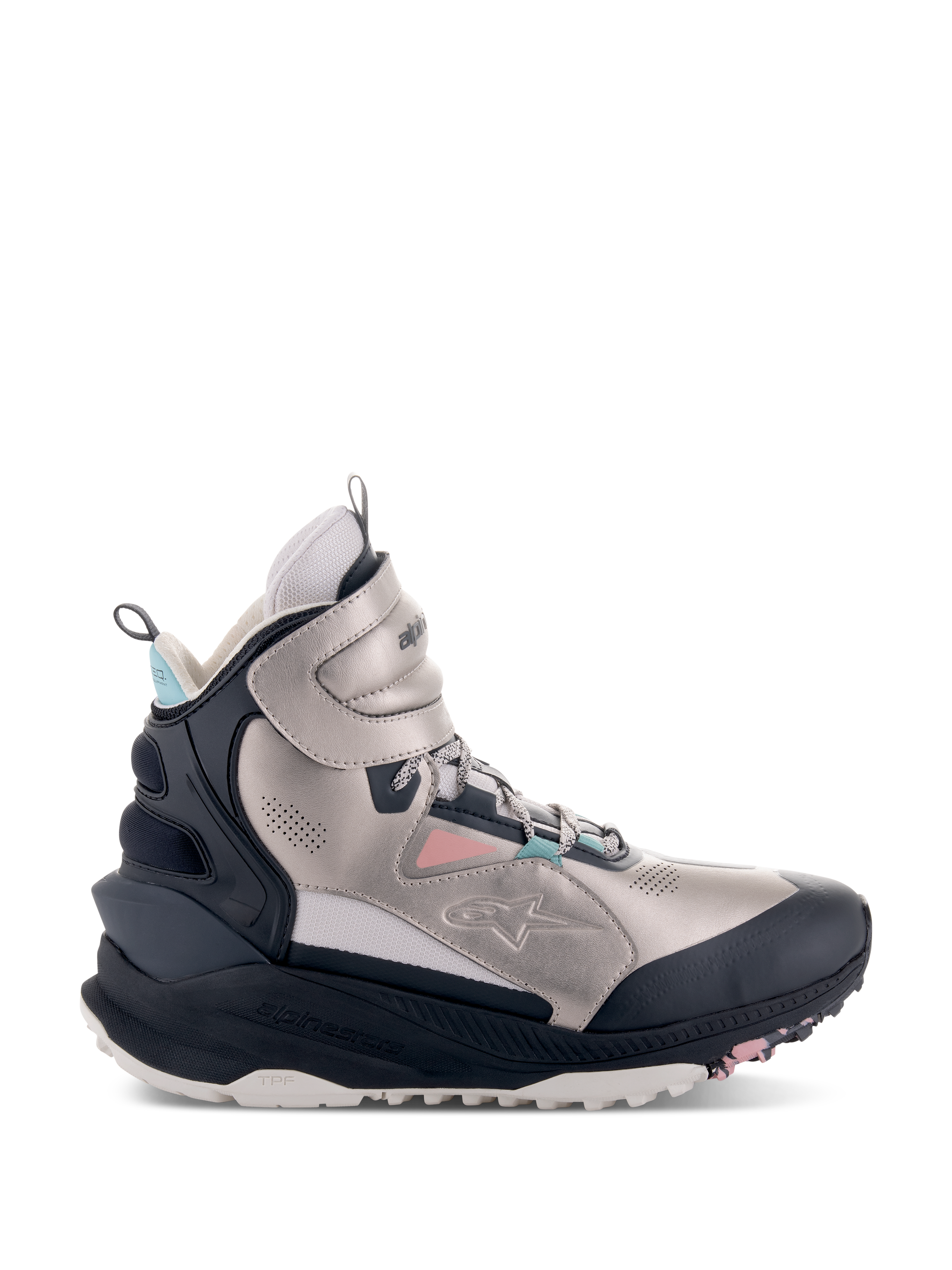 Alpinestars Speedstreet schoenen, hoge motorschoenen, ecru, koraalroze, zwart en aquablauw, metallic zilverkleurig microvezel bovenwerk met zwarte beschermende panelen, chunky zool met TPF-branding, urban streetwear-ontwerp