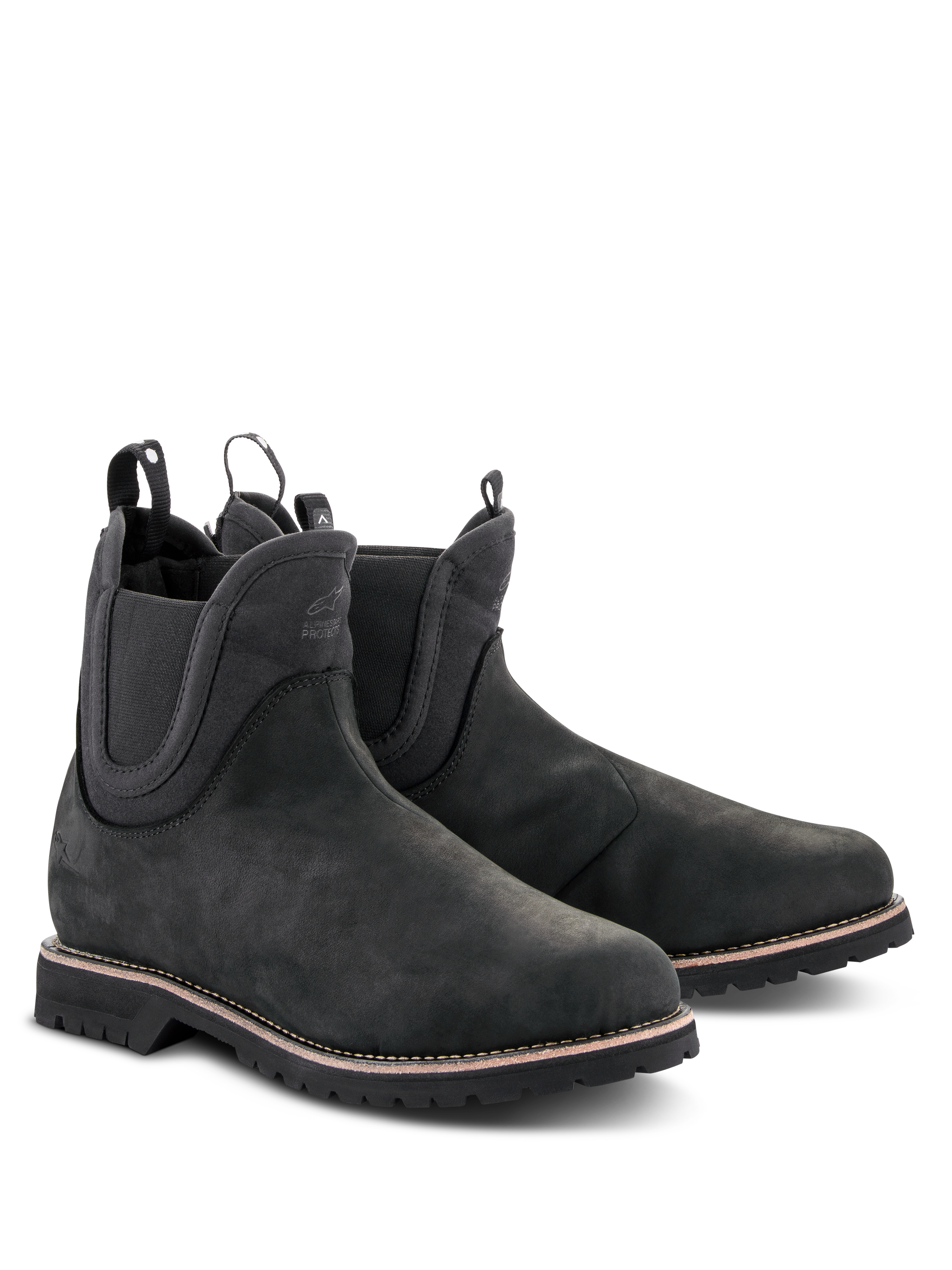 Alpinestars Turnstone schoenen, zwarte motorlaarzen in Chelsea-stijl, bovenwerk van mat runderleer met elastische zijpanelen en treklussen aan de achterzijde, urban motorschoenen met een robuuste profielzool en witte stiksels
