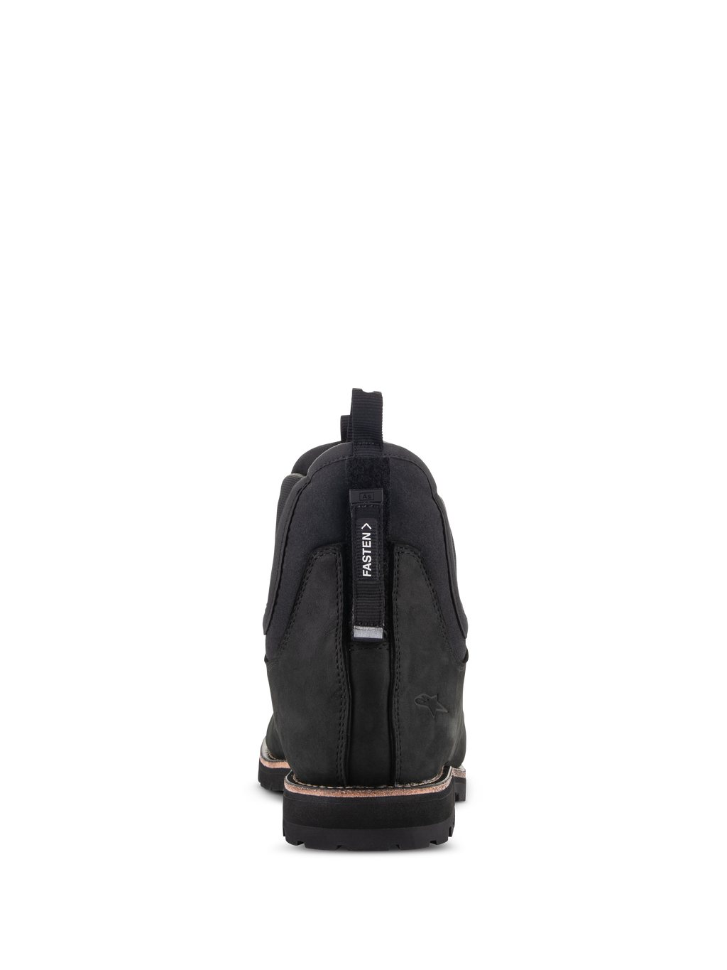 Alpinestars Turnstone schoenen, zwarte leren motorlaarzen, achteraanzicht met de verstelbare 'FASTEN' treklip, runderleren constructie, klassiek Chelsea boot-silhouet met een robuuste zool