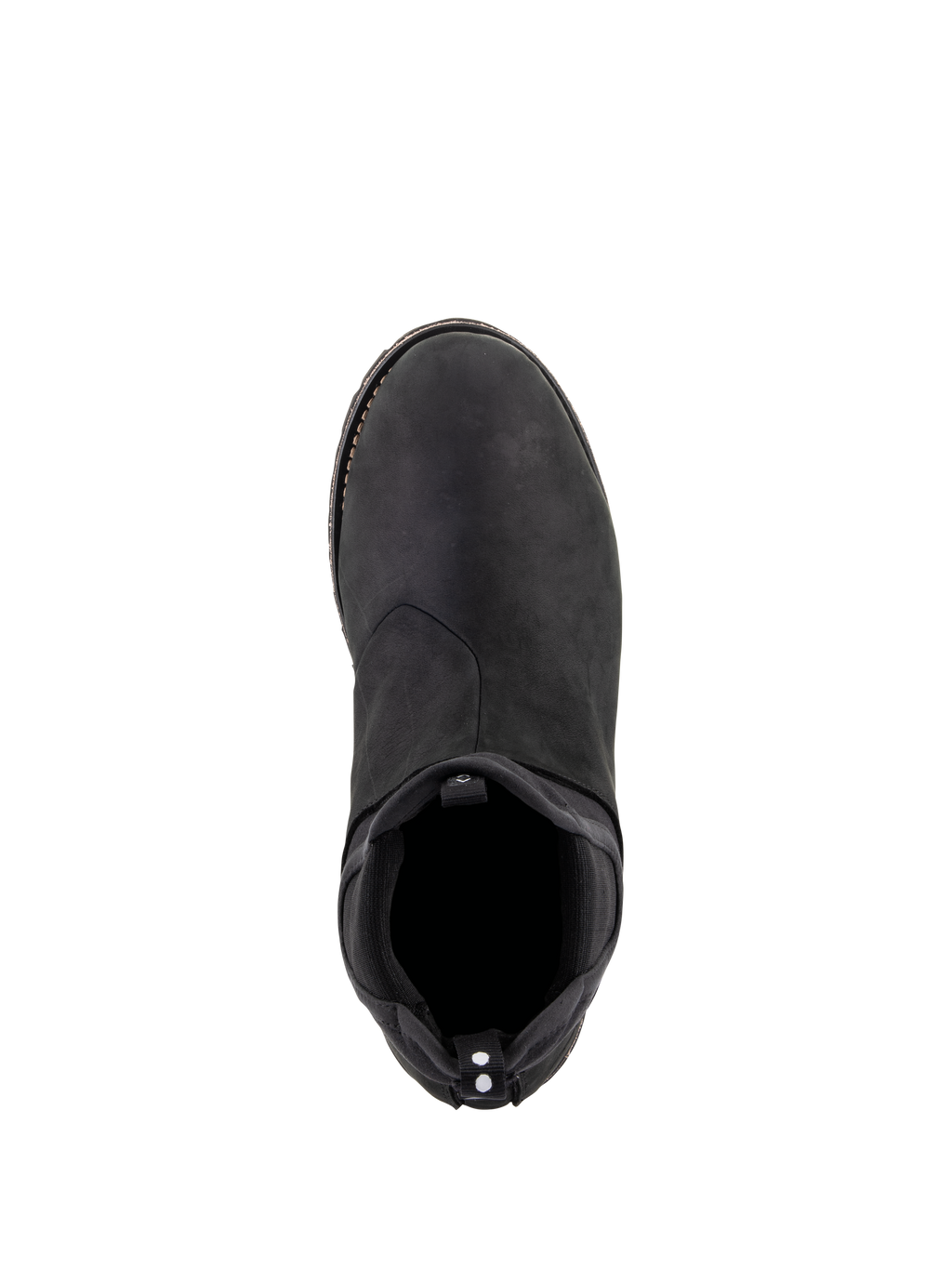 Alpinestars Turnstone Schoenen, Zwart Zwart, bovenaanzicht van een runderleren urban motorschoen met een elastische instap in Chelsea-stijl en een treklus met witte stippen aan de achterzijde, minimalistisch beschermend schoeisel voor weggebruik.
