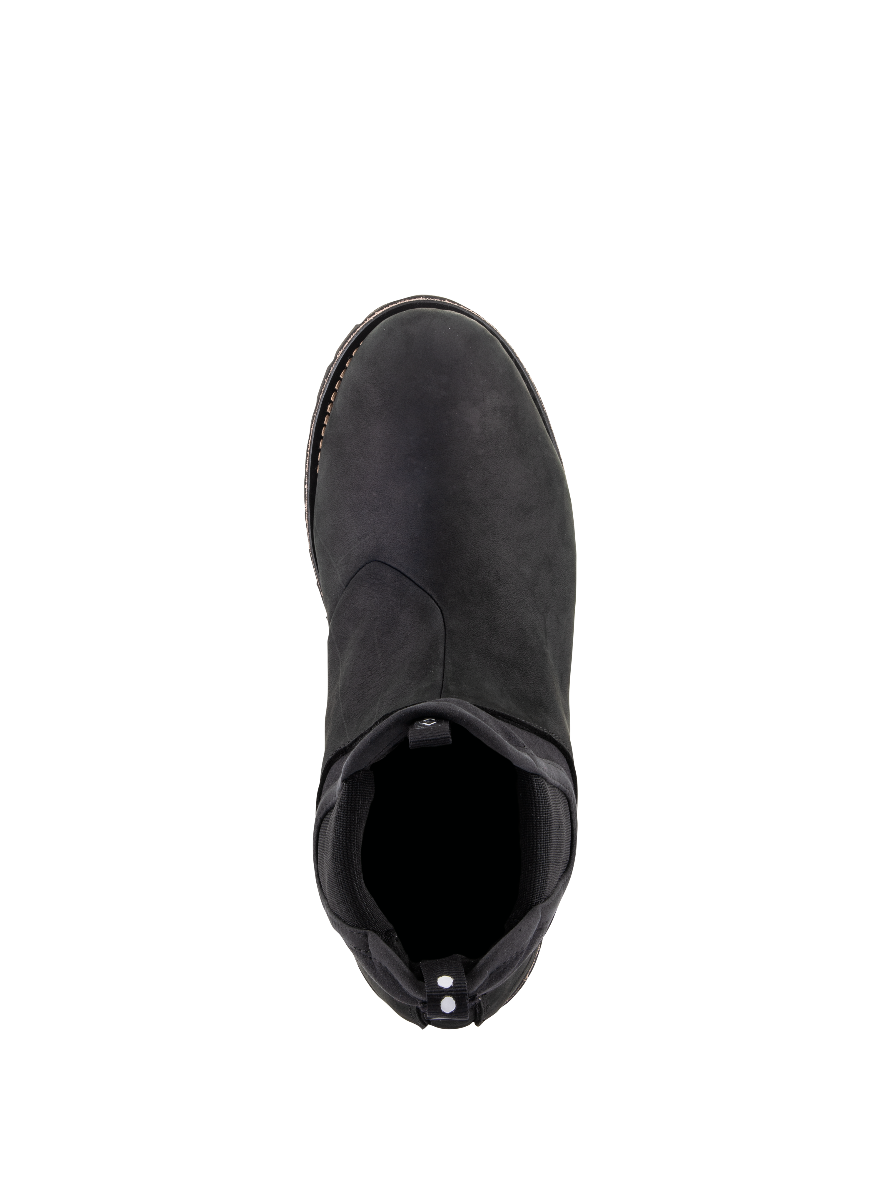 Alpinestars Turnstone Schoenen, Zwart Zwart, bovenaanzicht van een runderleren urban motorschoen met een elastische instap in Chelsea-stijl en een treklus met witte stippen aan de achterzijde, minimalistisch beschermend schoeisel voor weggebruik.