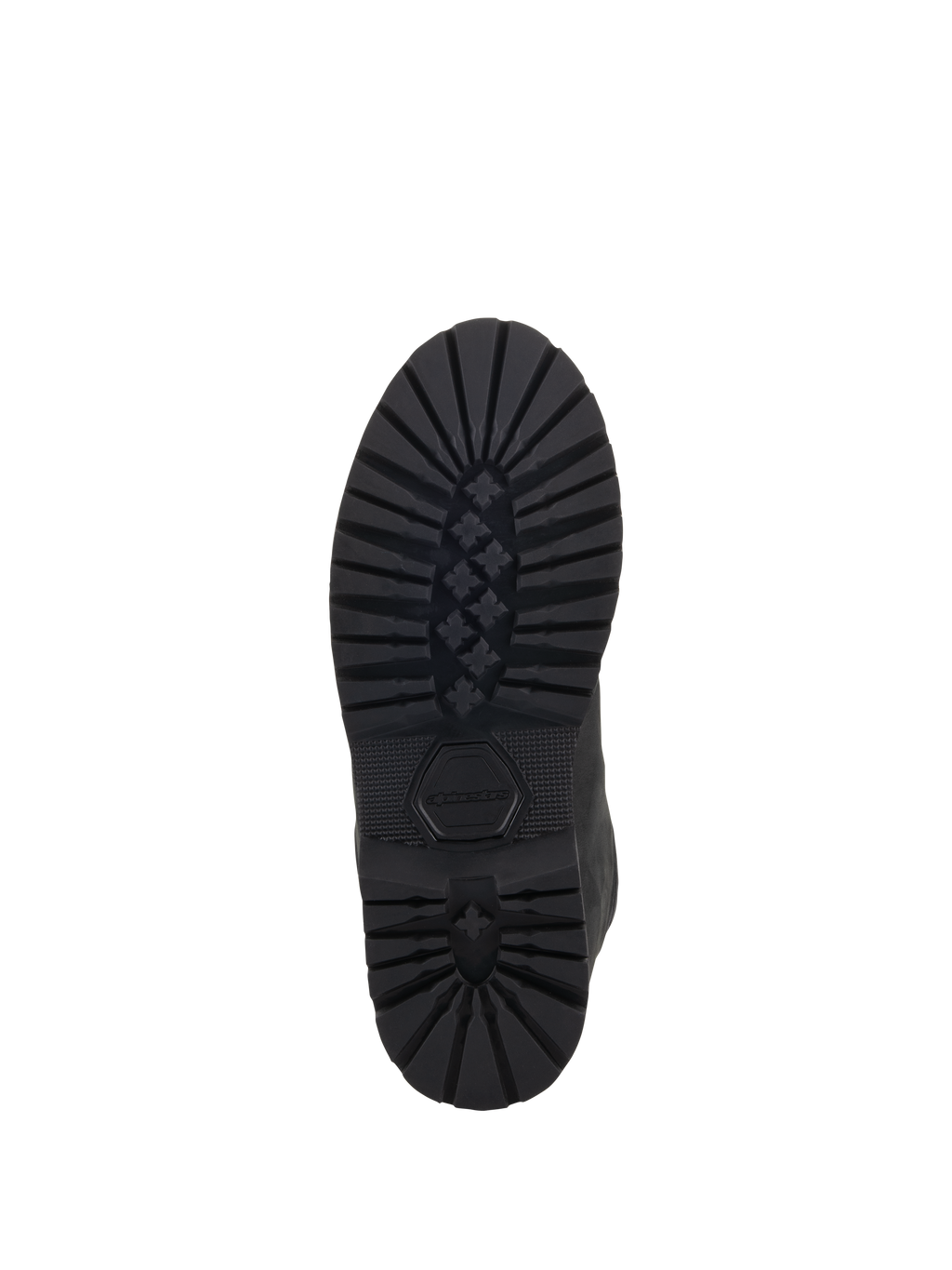 Alpinestars Turnstone schoenen, zwart, onderaanzicht van de robuuste rubberen buitenzool met een diep profiel in sterpatroon en een verzonken Alpinestars-logo, duurzaam schoeisel voor stedelijk motorrijden