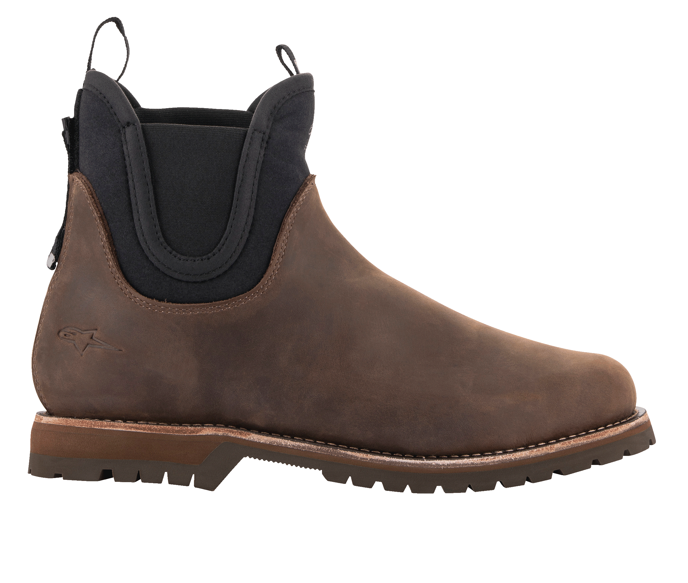 Alpinestars Turnstone schoenen, chocoladebruine leren Chelsea boots, urban motorschoenen, zwarte elastische zijpanelen, robuuste profielzool, klassiek silhouet