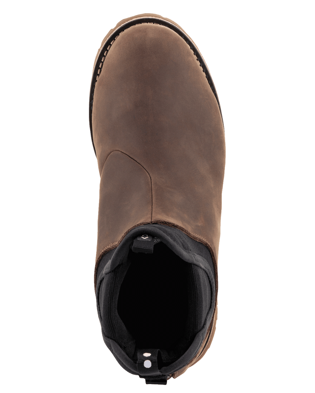 Alpinestars Turnstone Shoes, Chocolate Brown leather motorcycle boots, Chelsea boot style, top-down view showing the smooth bovine leather upper and padded ankle opening, urban riding footwear