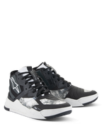 Alpinestars Speedflight schoenen, motorschoenen, zwart, grijs en wit, met een gemarmerd patroon, hoog sneakerontwerp met versterkte panelen, wit Alpinestars-logo en een duurzame rubberen zool