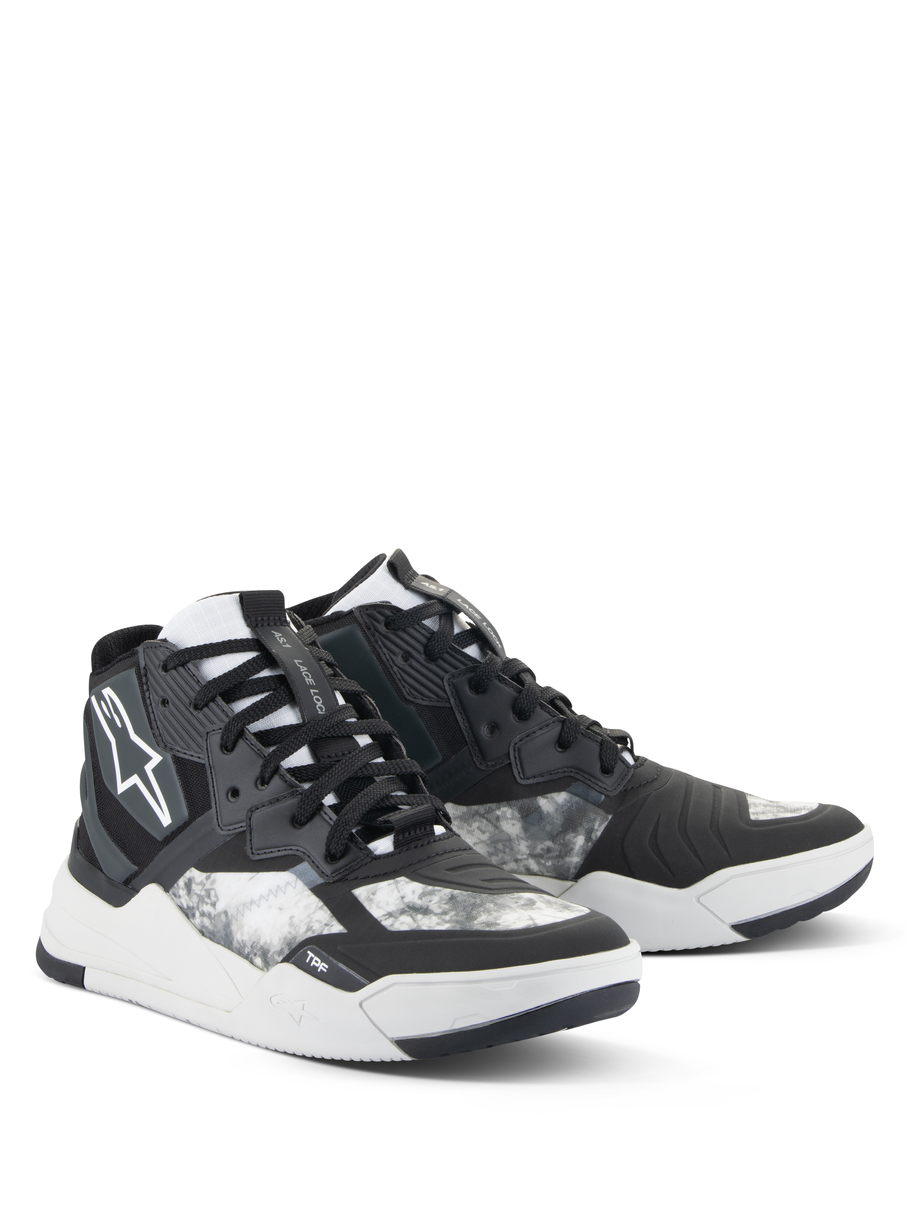 Alpinestars Speedflight schoenen, motorschoenen, zwart, grijs en wit, met een gemarmerd patroon, hoog sneakerontwerp met versterkte panelen, wit Alpinestars-logo en een duurzame rubberen zool
