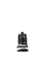 Alpinestars Speedflight schoenen, motorfietsschoenen, zwart, grijs en wit, vooraanzicht met zwarte veters, AS1 Lace Lock-bandje op de tong en geïntegreerd schakelvlak, performance-schoeisel in straatstijl