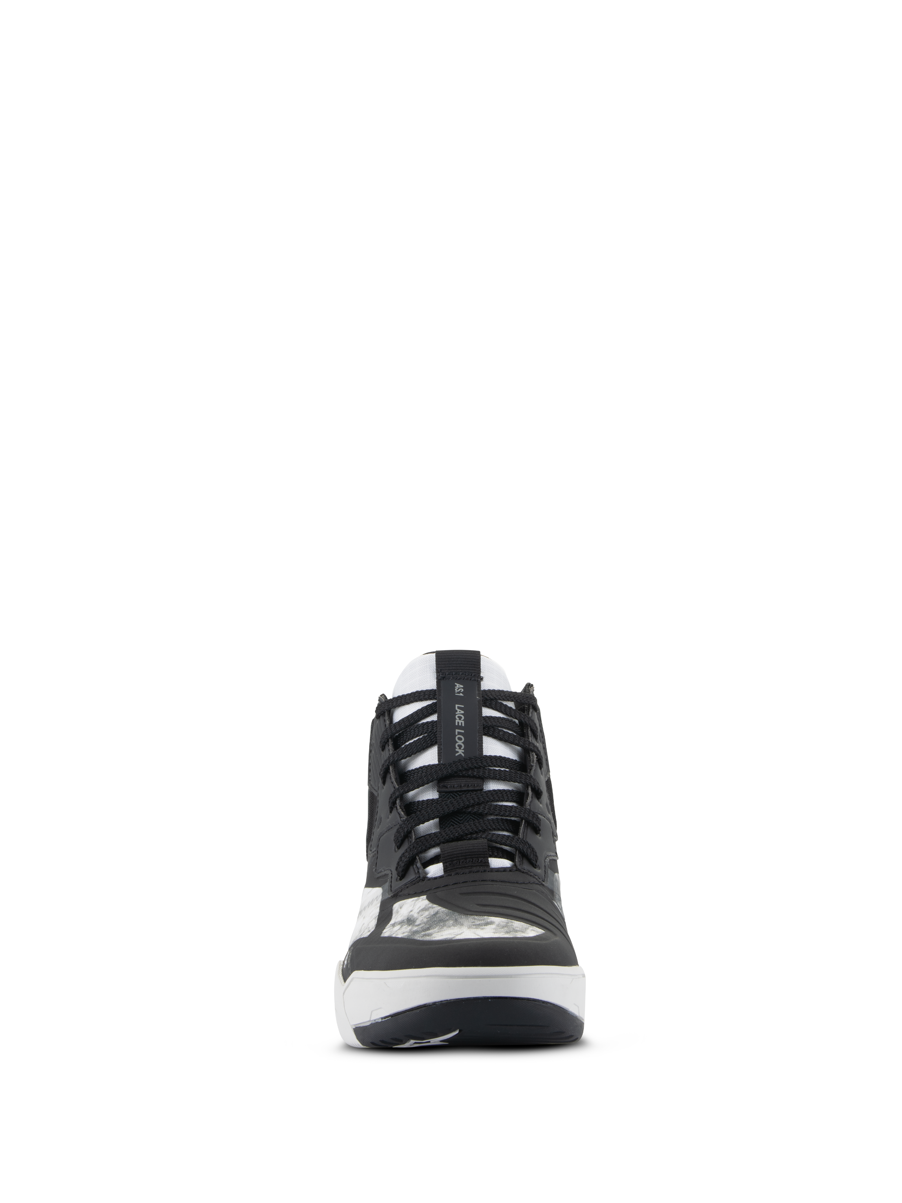 Alpinestars Speedflight schoenen, motorfietsschoenen, zwart, grijs en wit, vooraanzicht met zwarte veters, AS1 Lace Lock-bandje op de tong en geïntegreerd schakelvlak, performance-schoeisel in straatstijl