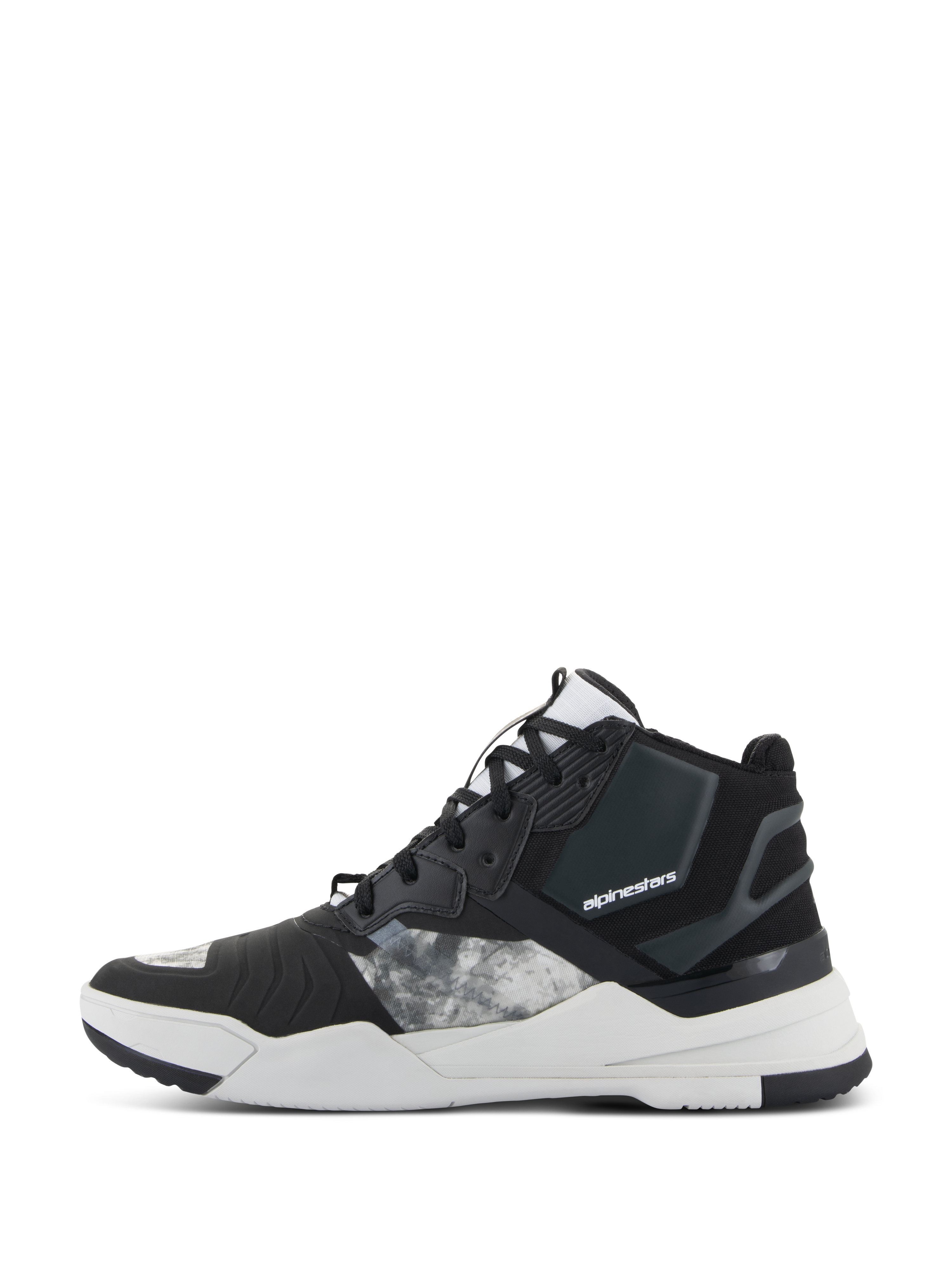 Alpinestars Speedflight schoenen, motorschoenen, zwart, grijs en wit, zijaanzicht met bovenwerk van ripstop textiel en grijze panelen met patroon, zwarte versterkte hiel en dikke witte tussenzool met merklogo, urban sportief ontwerp