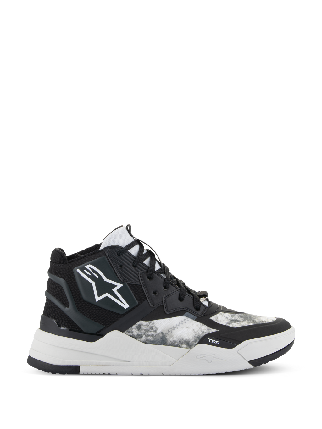 Alpinestars Speedflight schoenen, hoge performance motorsneakers, zwart, grijs en wit, met een wit ster-logo, getextureerd ripstop-patroon op de zijpanelen en een dikke witte geometrische zool met TPF-branding