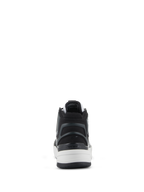 Alpinestars Speedflight schoenen, performance motorschoenen, zwart grijs en wit, achteraanzicht met focus op de asymmetrische TPU-hielkap met logo, witte tussenzool en urban sportief design