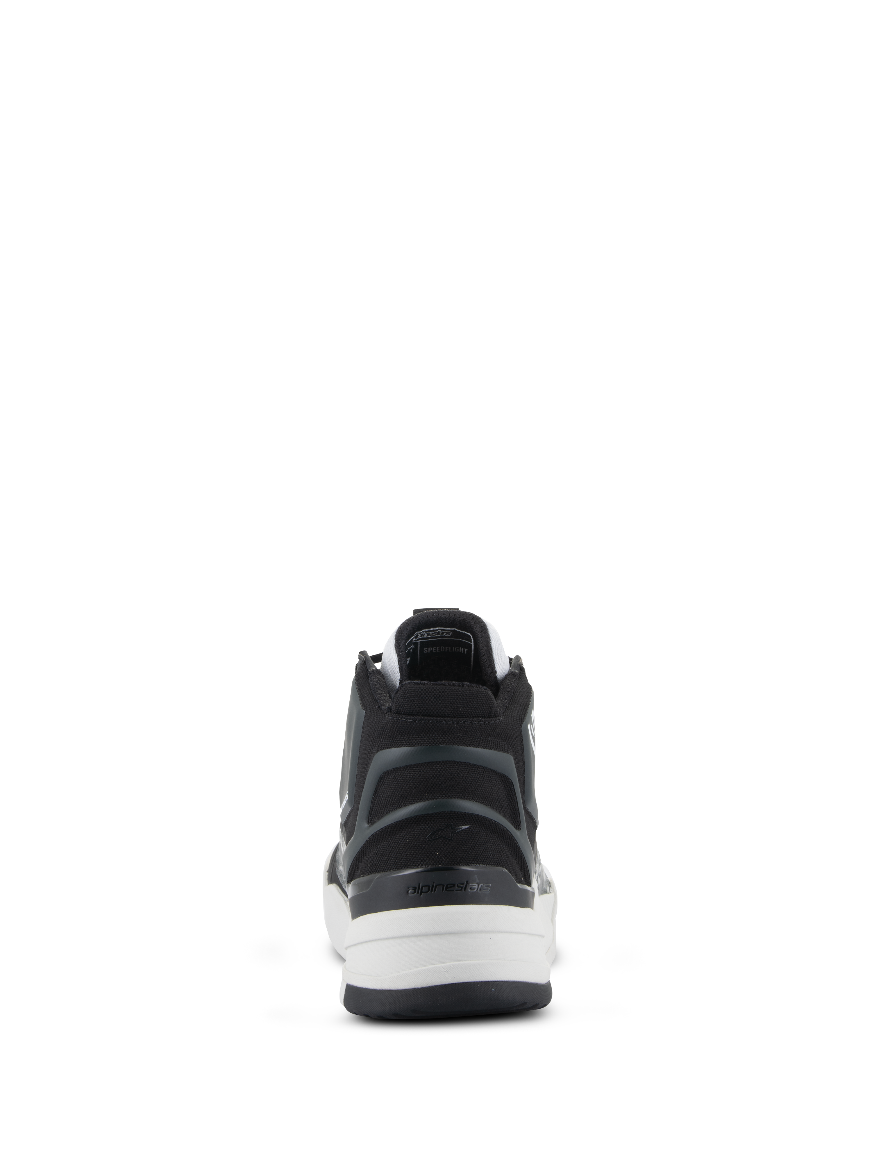 Alpinestars Speedflight schoenen, performance motorschoenen, zwart grijs en wit, achteraanzicht met focus op de asymmetrische TPU-hielkap met logo, witte tussenzool en urban sportief design