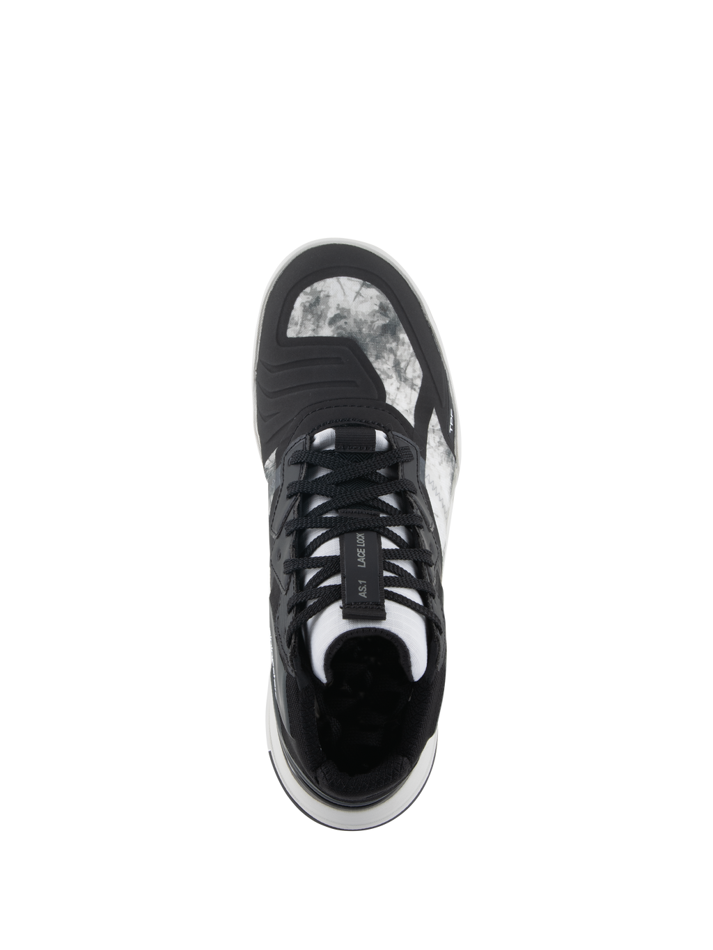 Alpinestars Speedflight schoenen, zwart grijs wit, bovenaanzicht met gemarmerd ripstop bovenwerk, vetersluiting houderband op de tong en geïntegreerd schakelpad, motorschoen in straatstijl