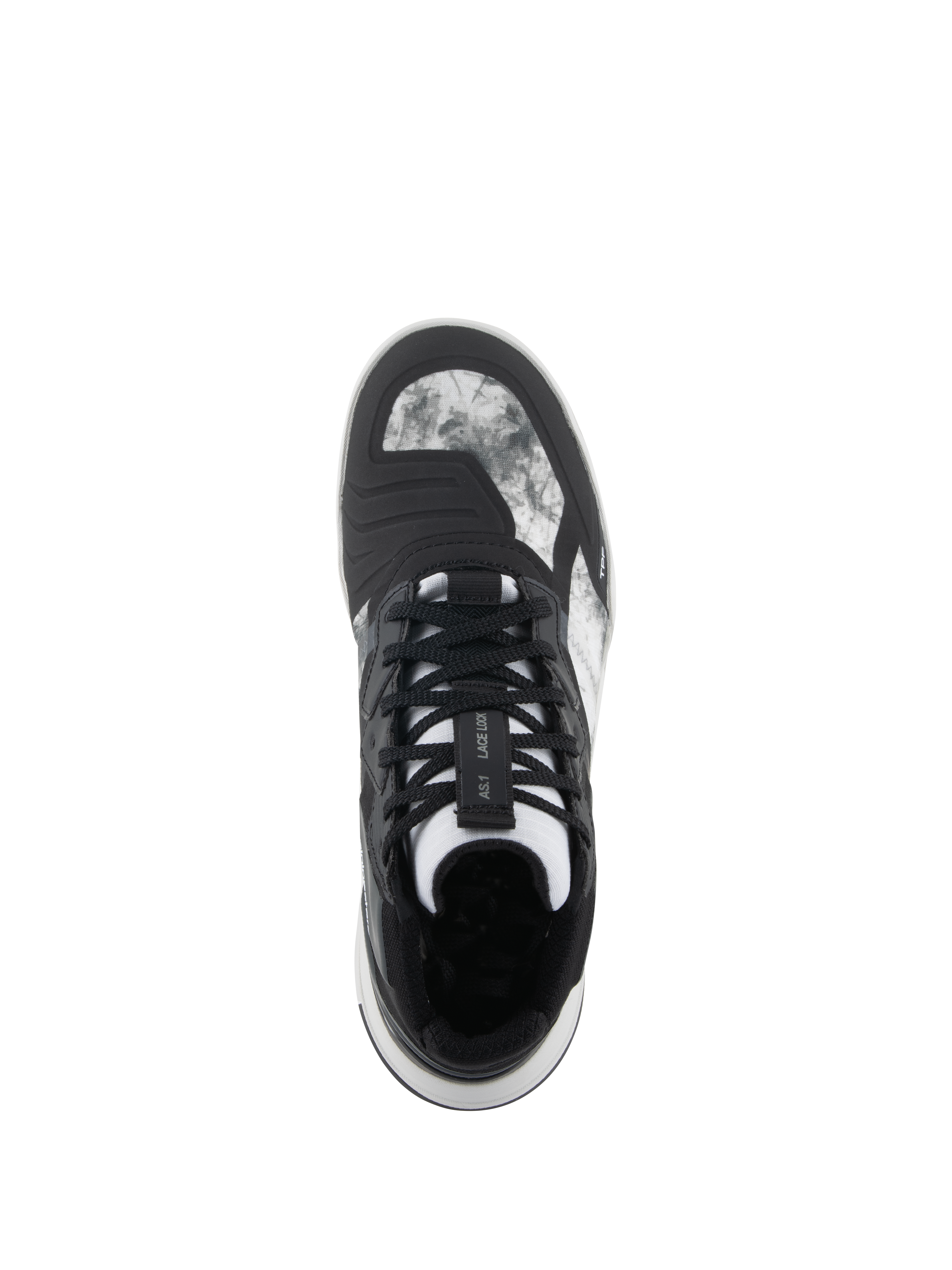 Alpinestars Speedflight schoenen, zwart grijs wit, bovenaanzicht met gemarmerd ripstop bovenwerk, vetersluiting houderband op de tong en geïntegreerd schakelpad, motorschoen in straatstijl