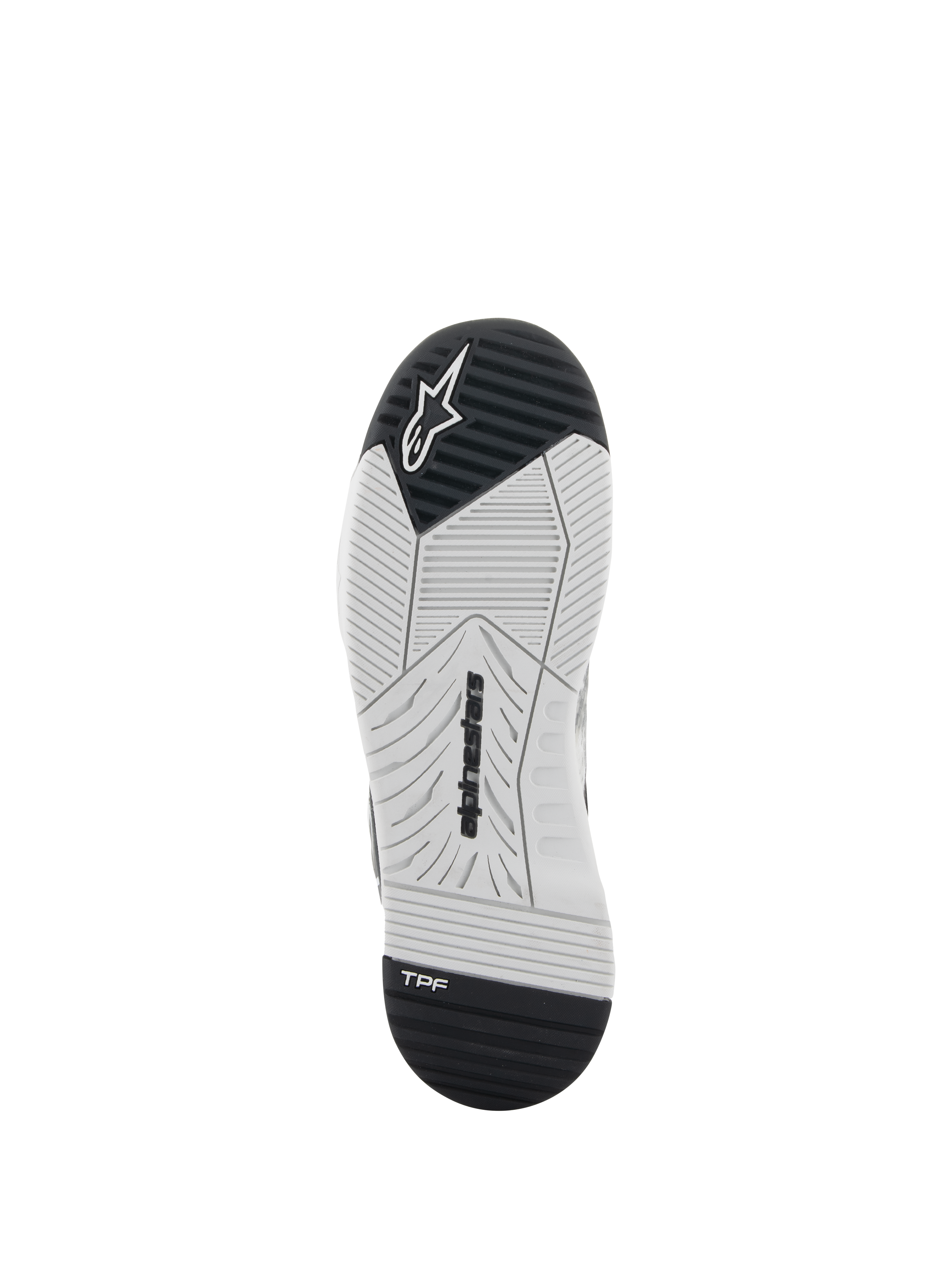 Alpinestars Speedflight-schoenen, motorschoenen, zwart en wit, onderaanzicht van de zool met dual-density rubber, Alpinestars-branding en TPF Transversal Protection Frame-logo, technisch ontworpen profiel voor grip