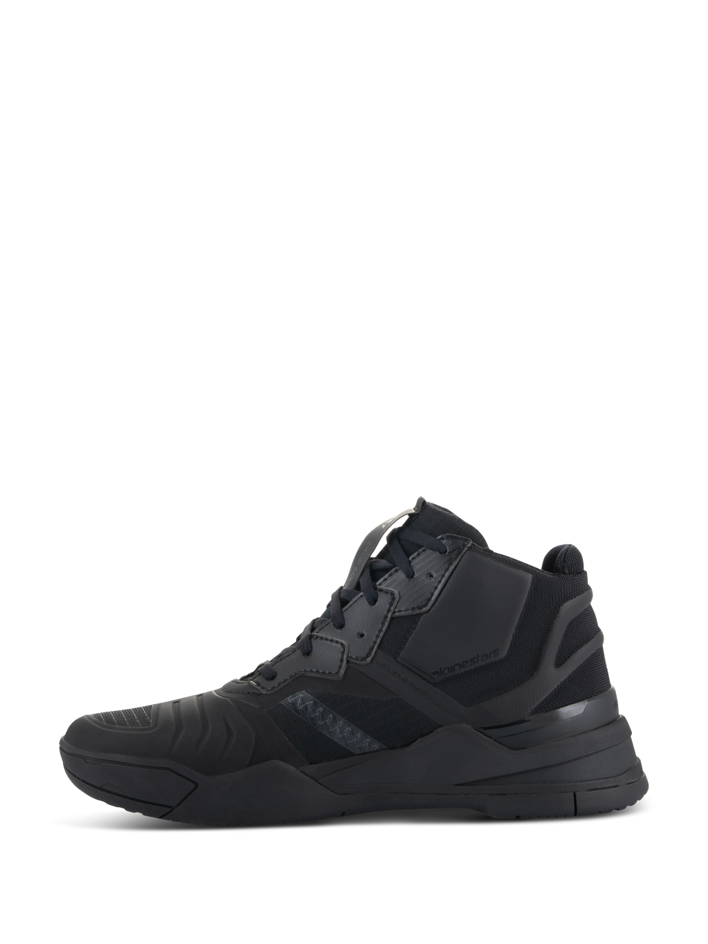 Alpinestars Speedflight schoenen, Black Black, zijaanzicht van performance motorrijschoenen, mid-top op sneakers geïnspireerd ontwerp met ripstop bovenwerk en naadloze versterkingspanelen, duurzaam volledig zwart atletisch silhouet