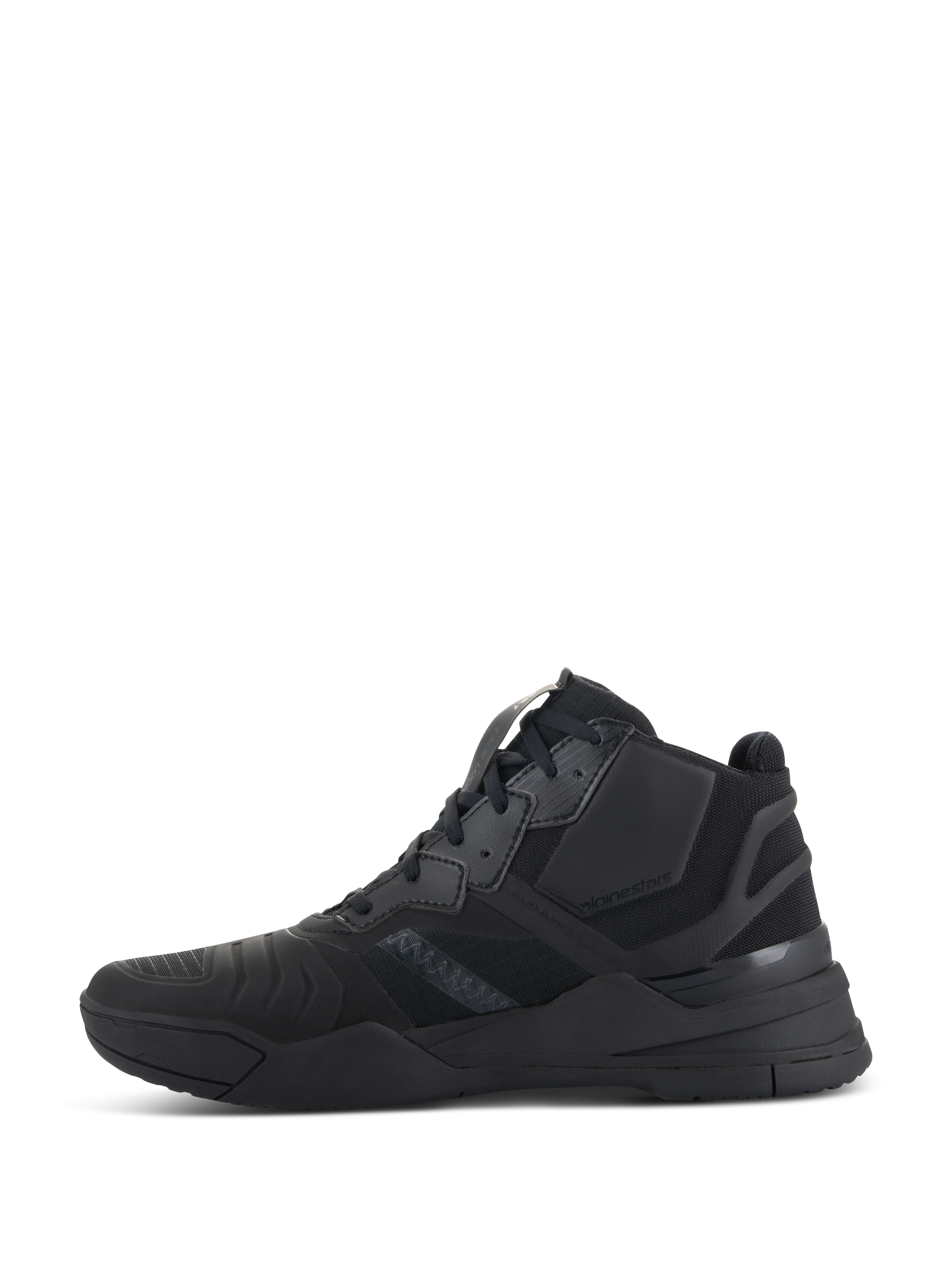 Alpinestars Speedflight schoenen, Black Black, zijaanzicht van performance motorrijschoenen, mid-top op sneakers geïnspireerd ontwerp met ripstop bovenwerk en naadloze versterkingspanelen, duurzaam volledig zwart atletisch silhouet